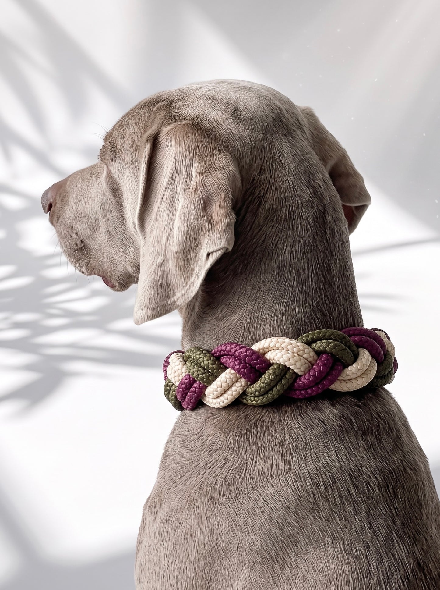 Hundehalsband geflochten aus Tau in den Farben Aubergine, Military grün und Shiny Gold. 
Handgefertigt und individuell anpassbar. Ansicht des Halsbandes getragen an einem grauen Hund 