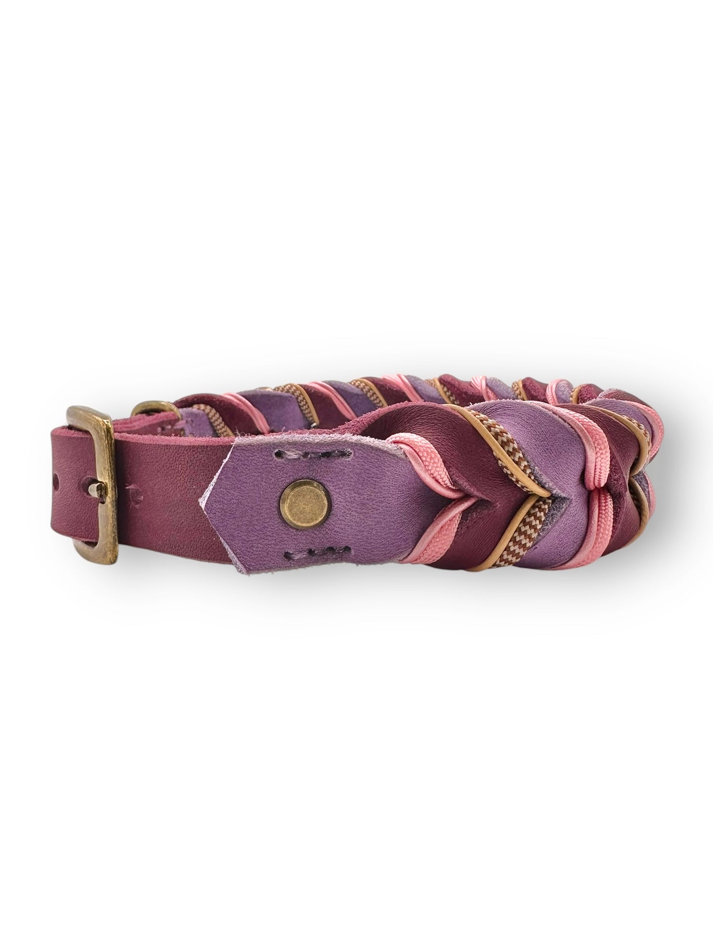 Geflochtenes Lederhalsband in Orchidee und Traube mit rosa und beigen Details Seitenansicht naht