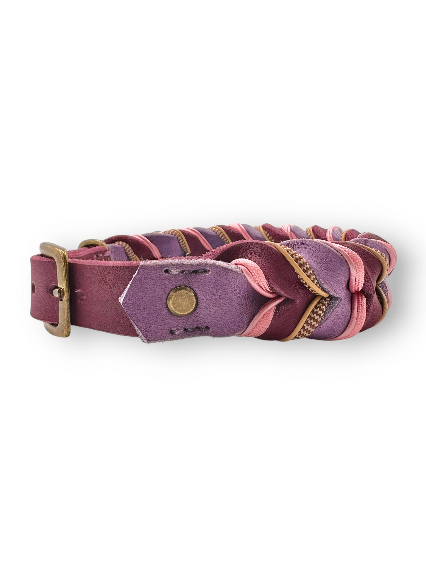 Geflochtenes Lederhalsband in Orchidee und Traube mit rosa und beigen Details Seitenansicht naht