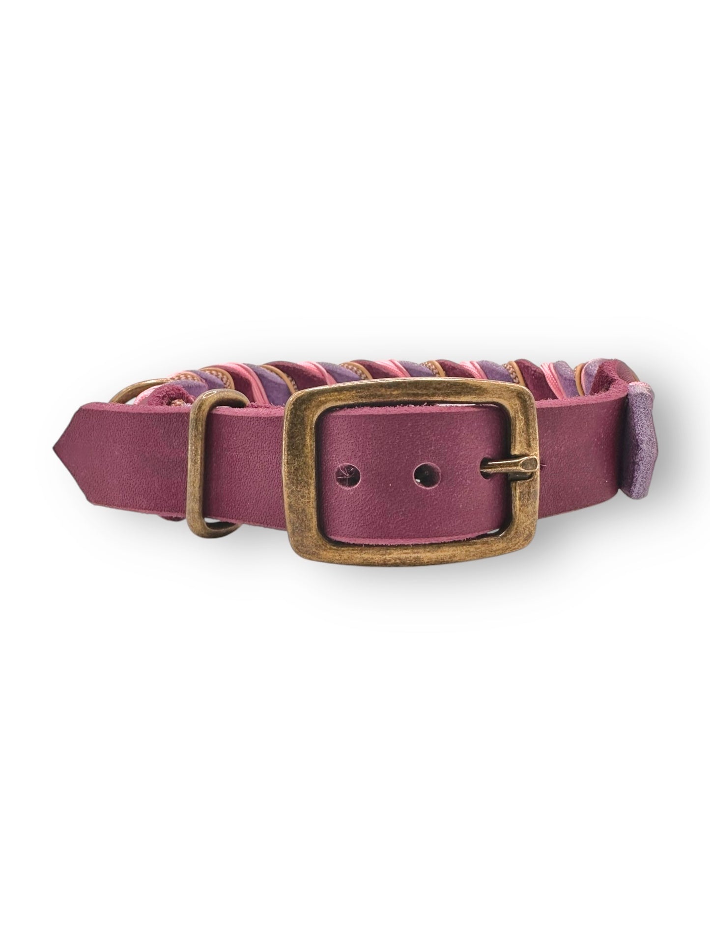 Geflochtenes Lederhalsband in Orchidee und Traube mit rosa und beigen DetailsVorderansicht