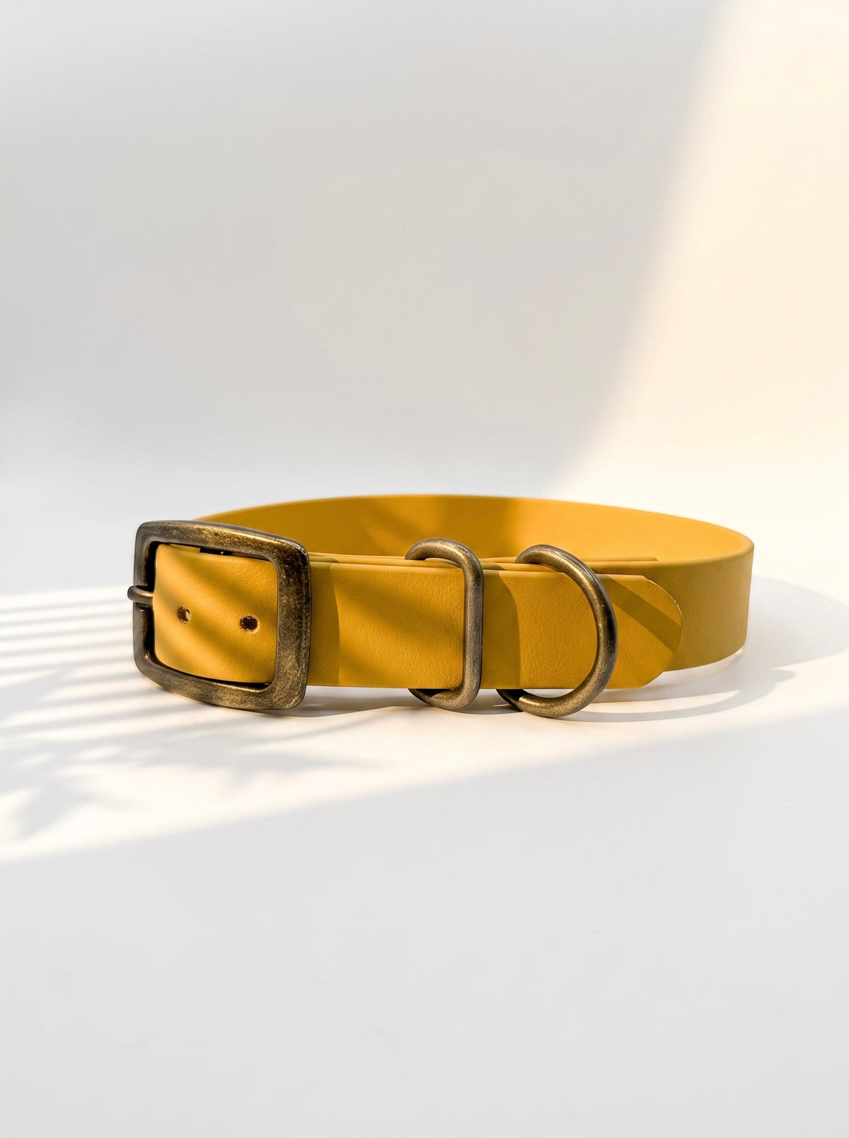 BioThane Halsband in Senf Gelb Minimal. Handgefertigt und individuell anpassbar. Beschläge personalisierbar. Verstellbares Halsband. 