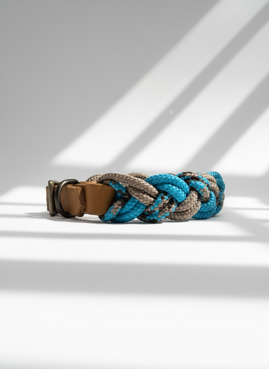Halsband für Hunde aus Tau in den Farben blau, beige und braun. Verstellbarer Verschluss aus Leder. Verschiedene größen