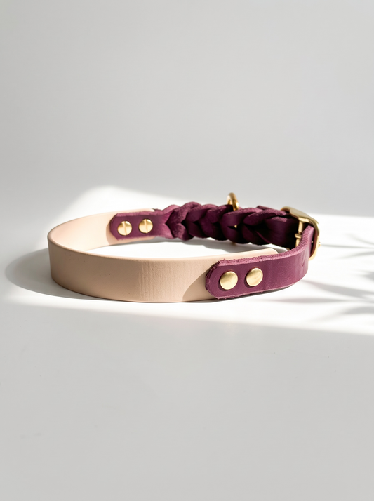 Hundehalsband aus BioThane und Leder in den Farben powder tan und Aubergine. Handgefertigt und individuell anpassbar. 
