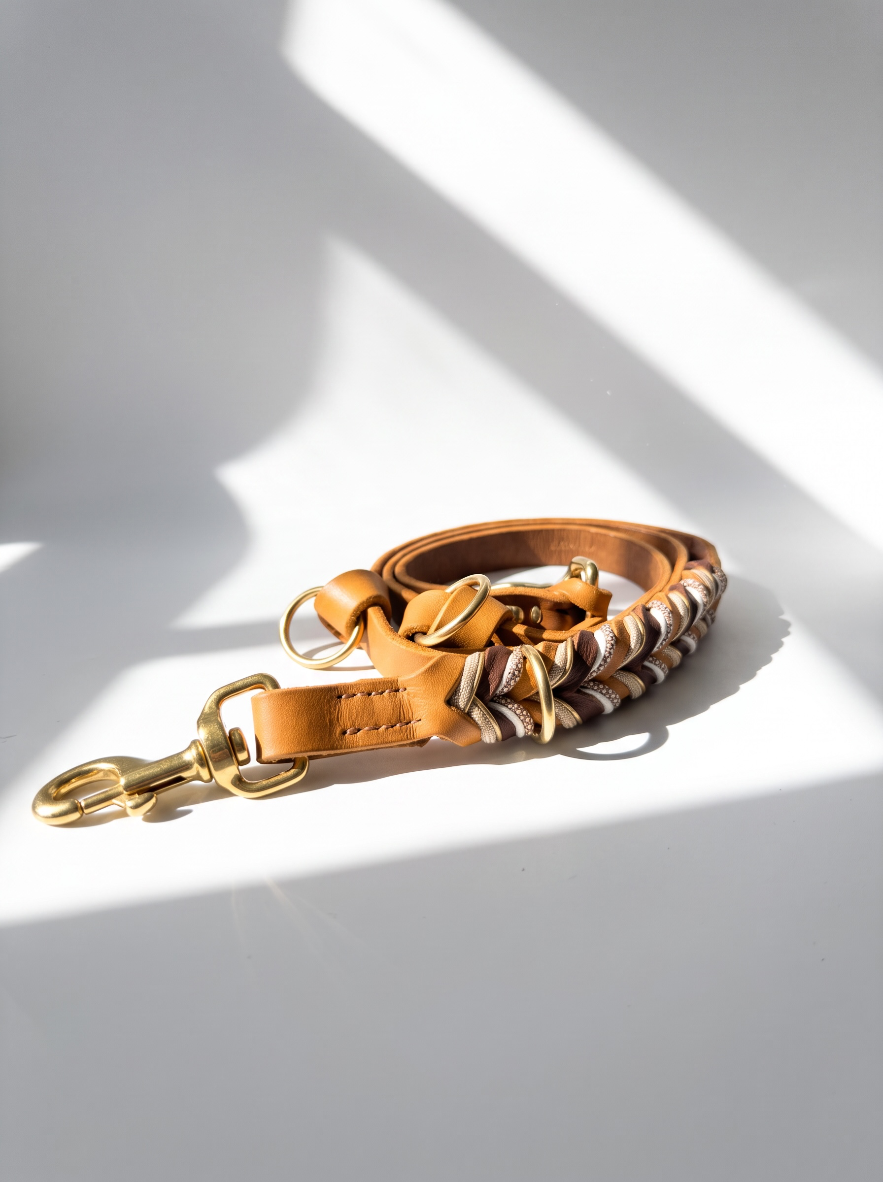 Lederleine geflochten in braun und Cognac mit weißen und goldenen Details. Länge und Breite wählbar. Ansicht Bolzenkarabiner 