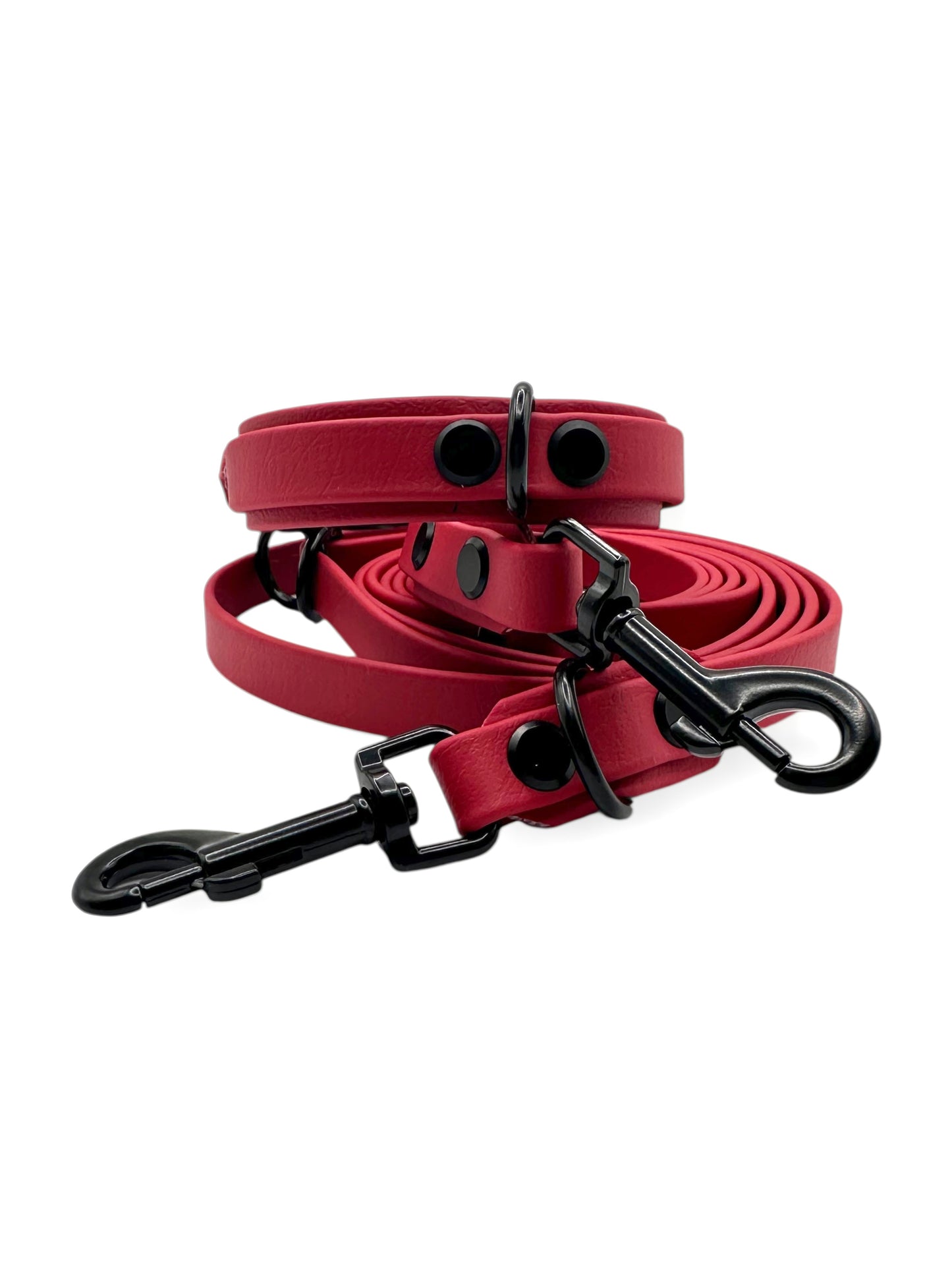 Hunde set bestehend aus Halsband und Leine aus BioThane in rot mit schwarzen Details. Geeignet für kleine, mittlere und große Hunde, da es a das Gewicht deines Hundes angepasst wird. BioThane ist für jedes Wetter geeignet.