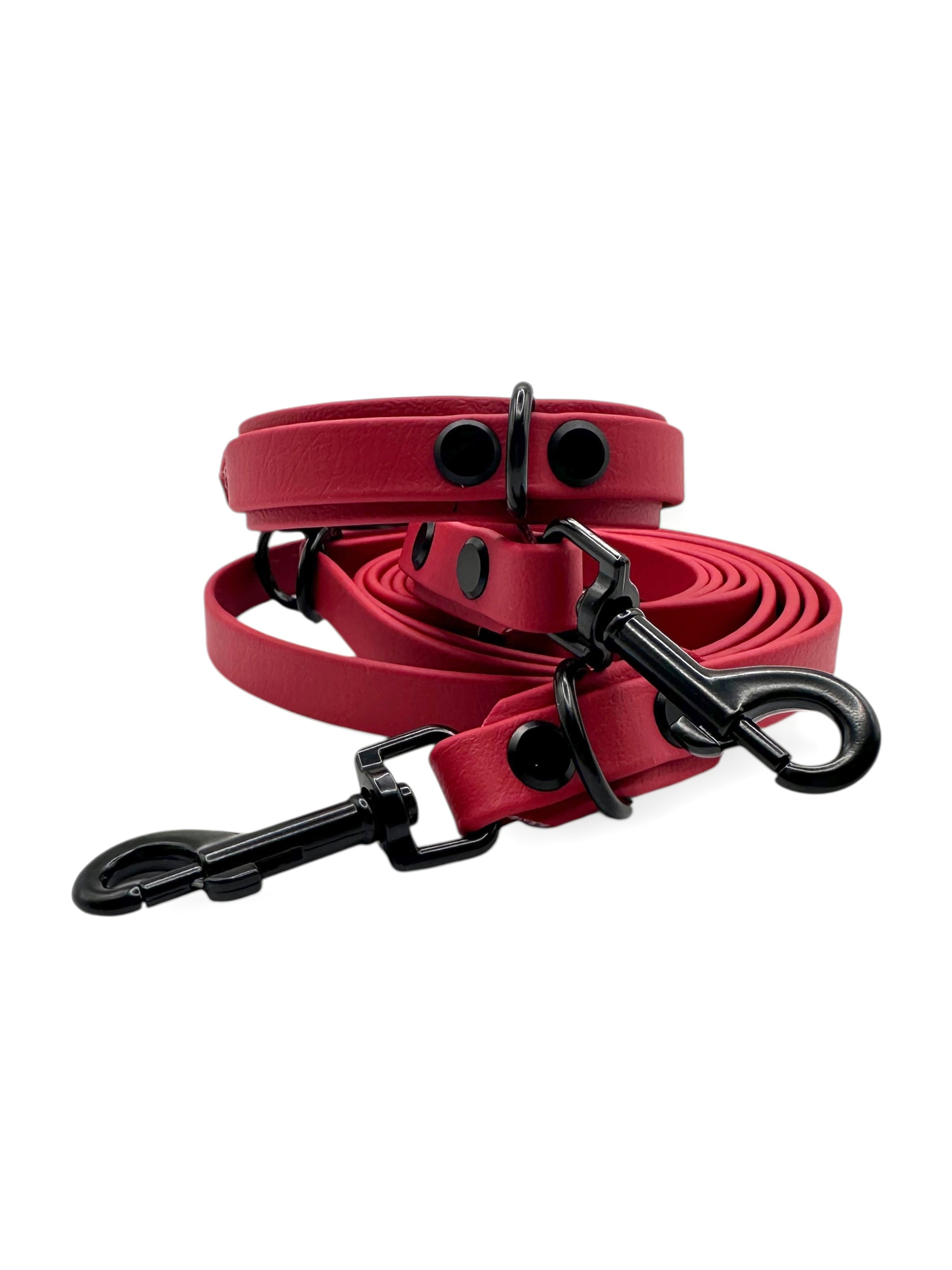 Hunde set bestehend aus Halsband und Leine aus BioThane in rot mit schwarzen Details. Geeignet für kleine, mittlere und große Hunde, da es a das Gewicht deines Hundes angepasst wird. BioThane ist für jedes Wetter geeignet.
