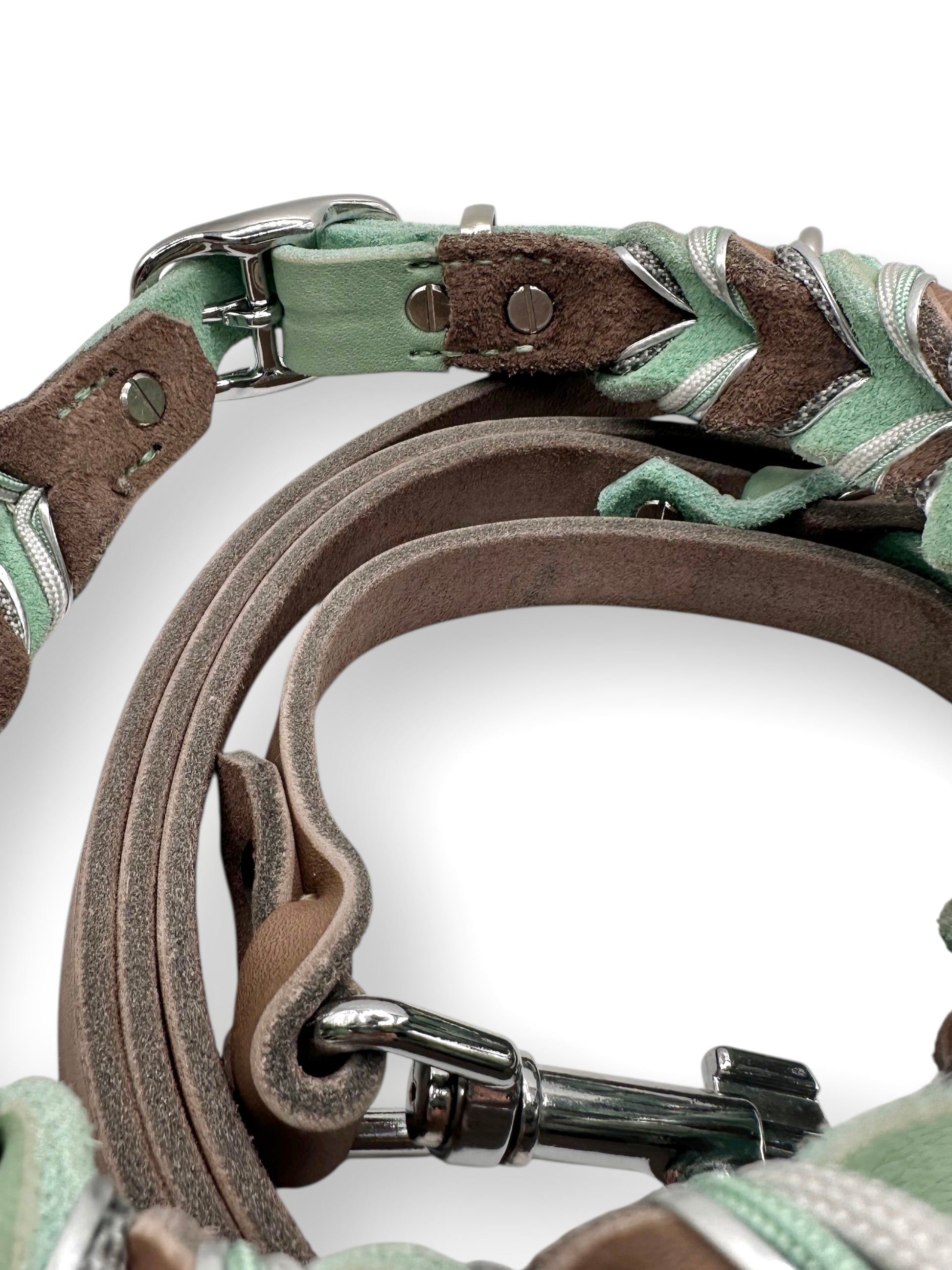 Hunde set aus Fettleder bestehend aus Halsband und Leine in den Farben Schlamm und mint. Geeignet für kleine, mittlere und große Hunde, da es a das Gewicht und Größe angepasst wird. Details in grau, Silber und grün.