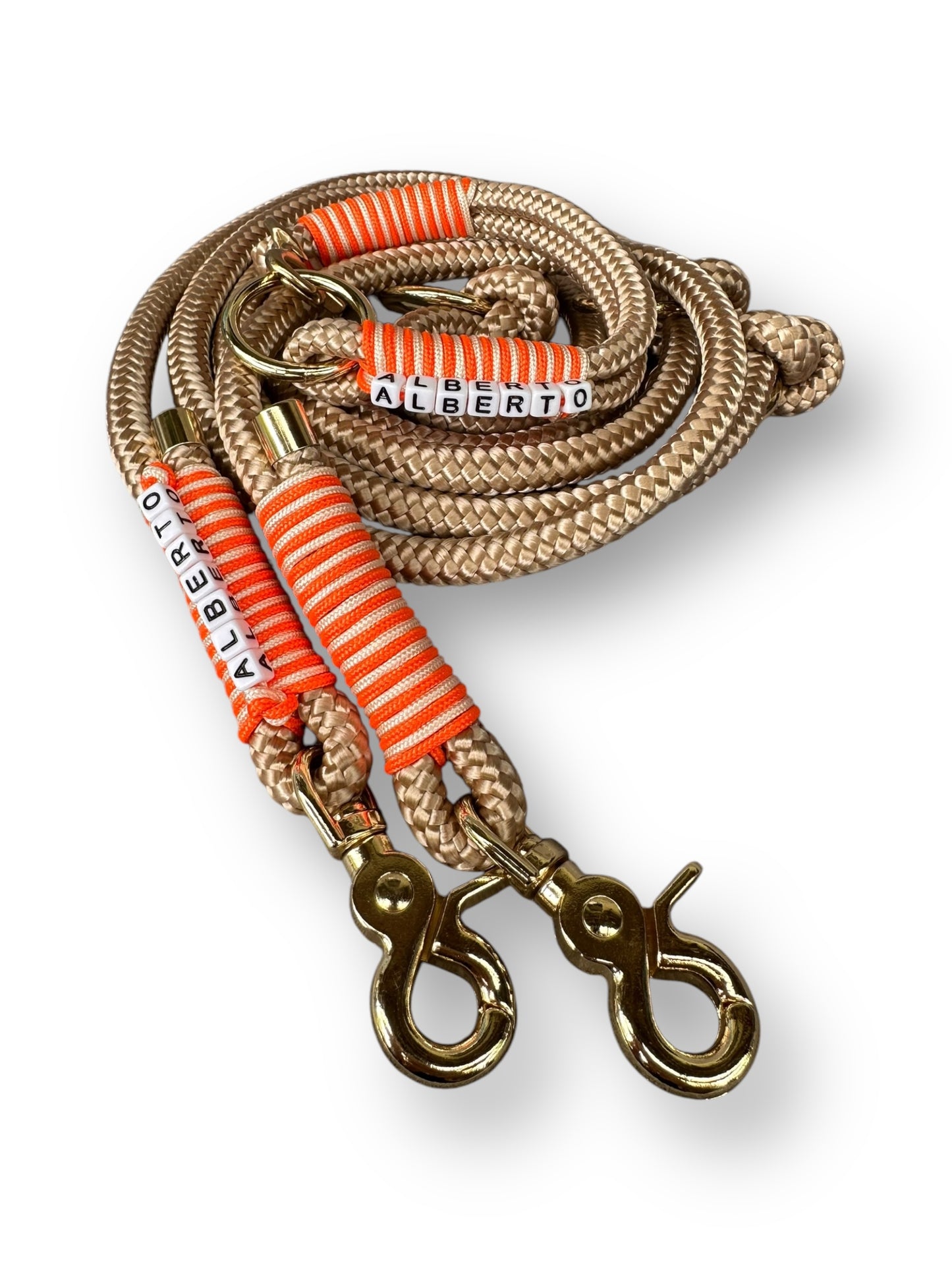 Hundeset bestehend aus Halsband und Leine aus 10mm dickem Tau in der Farbe beige mit orangenen und goldenen Details - Set oben