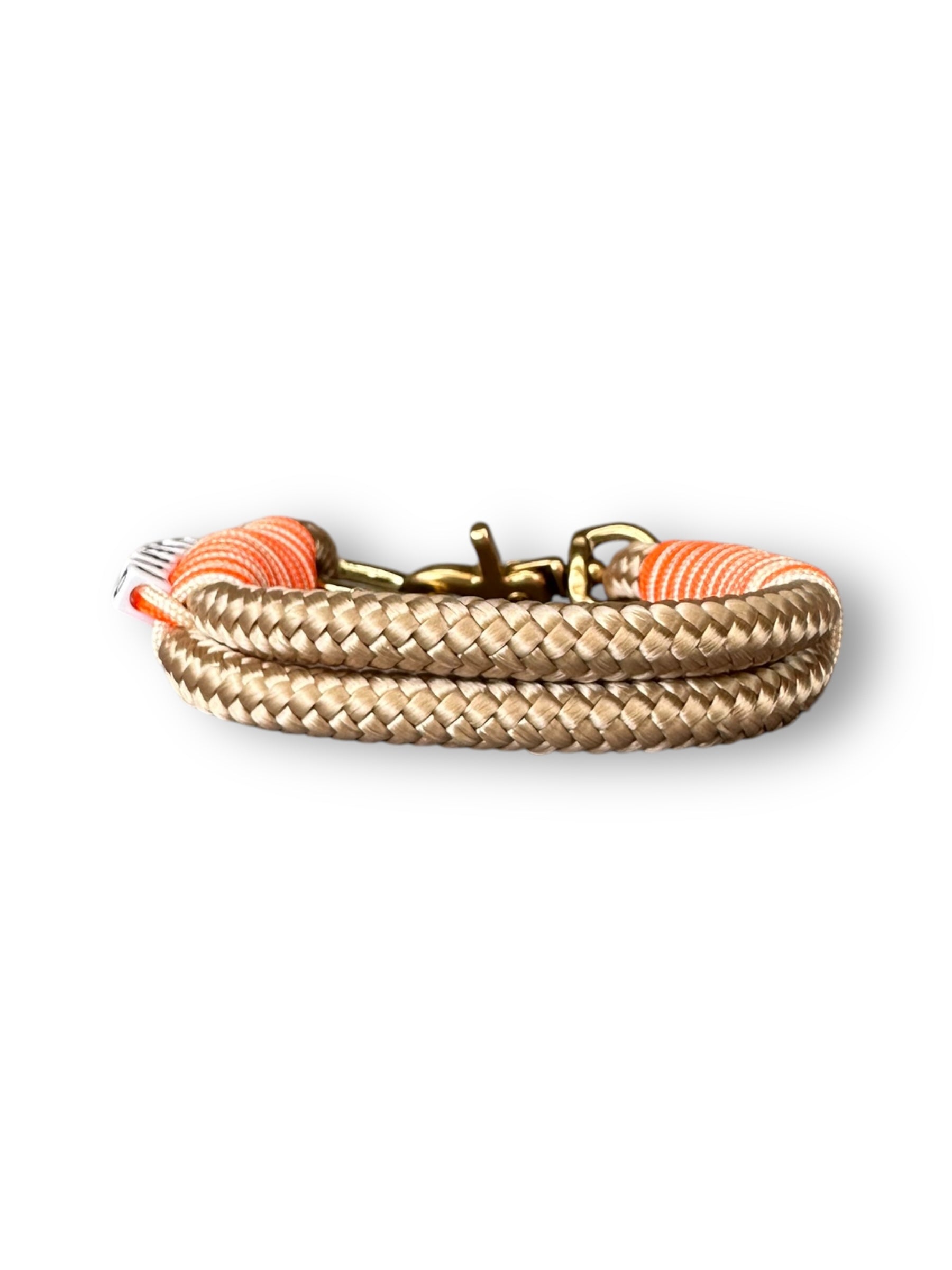 Hundeset bestehend aus Halsband und Leine aus 10mm dickem Tau in der Farbe beige mit orangenen und goldenen Details - Halsband hinten