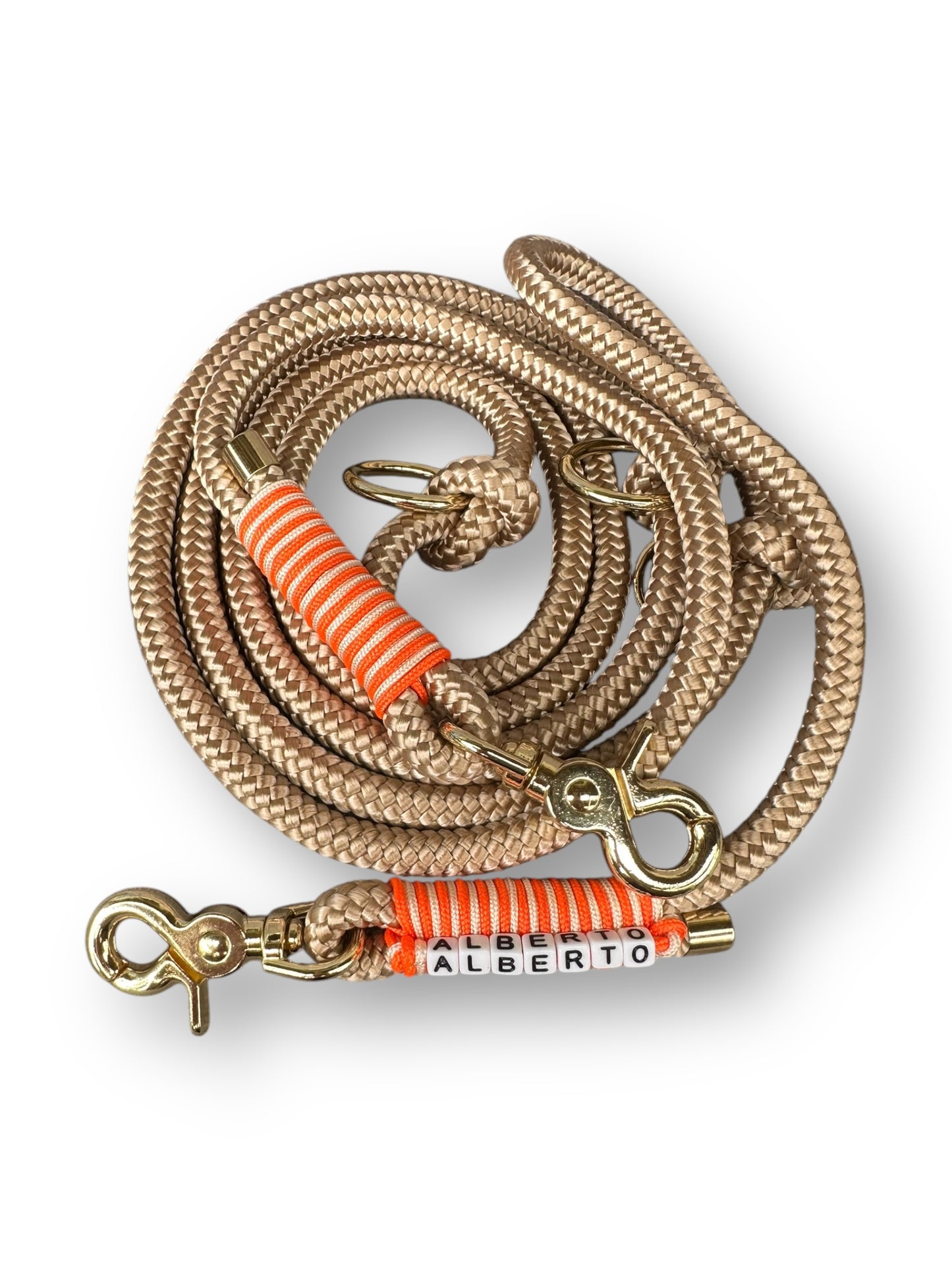 Hundeset bestehend aus Halsband und Leine aus 10mm dickem Tau in der Farbe beige mit orangenen und goldenen Details - Leine