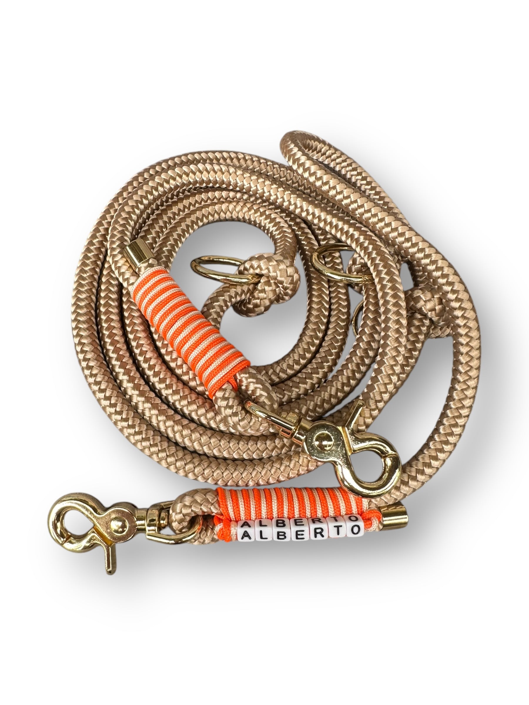 Hundeset bestehend aus Halsband und Leine aus 10mm dickem Tau in der Farbe beige mit orangenen und goldenen Details - Leine