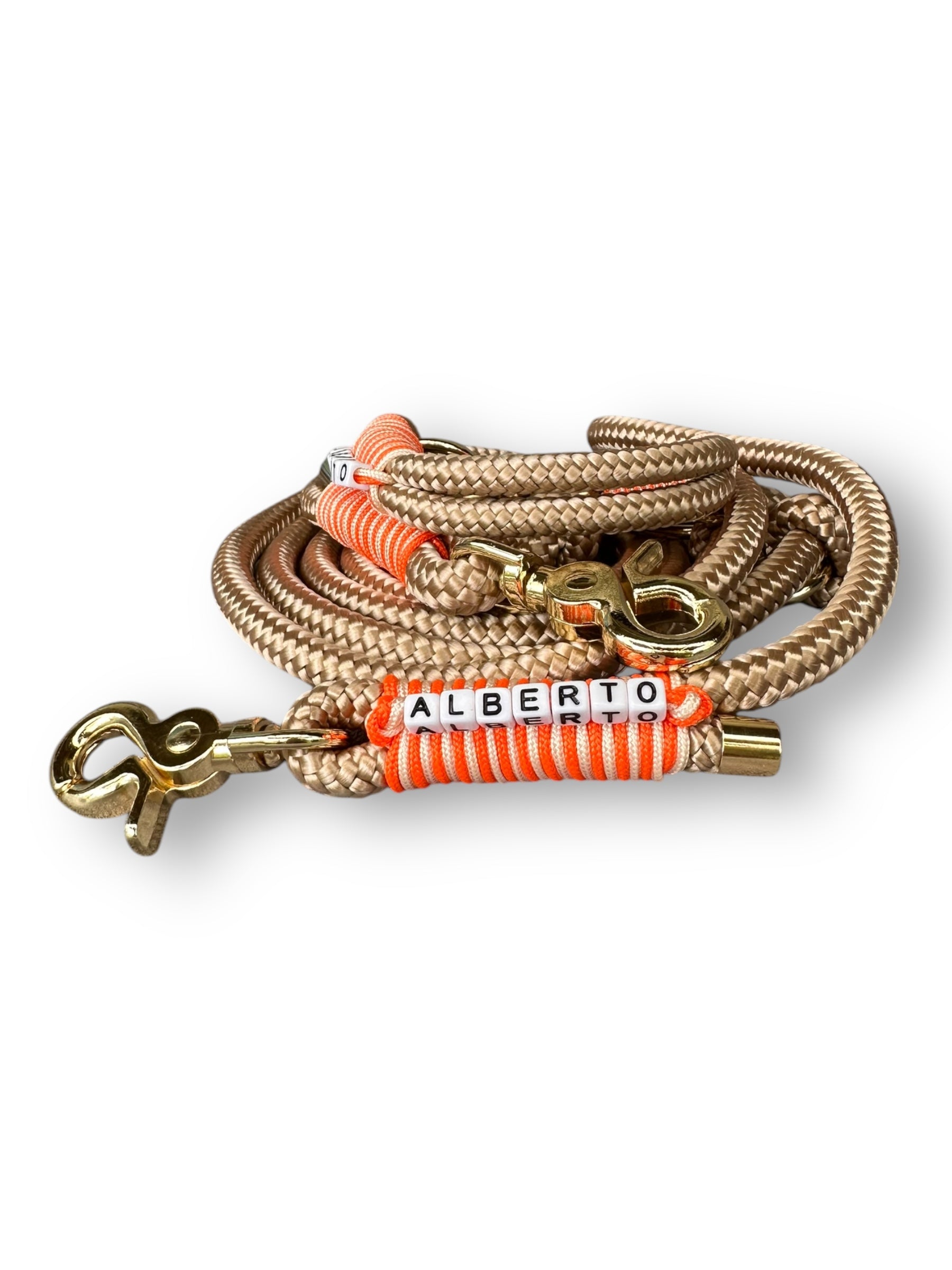Hundeset bestehend aus Halsband und Leine aus 10mm dickem Tau in der Farbe beige mit orangenen und goldenen Details - Set hinten