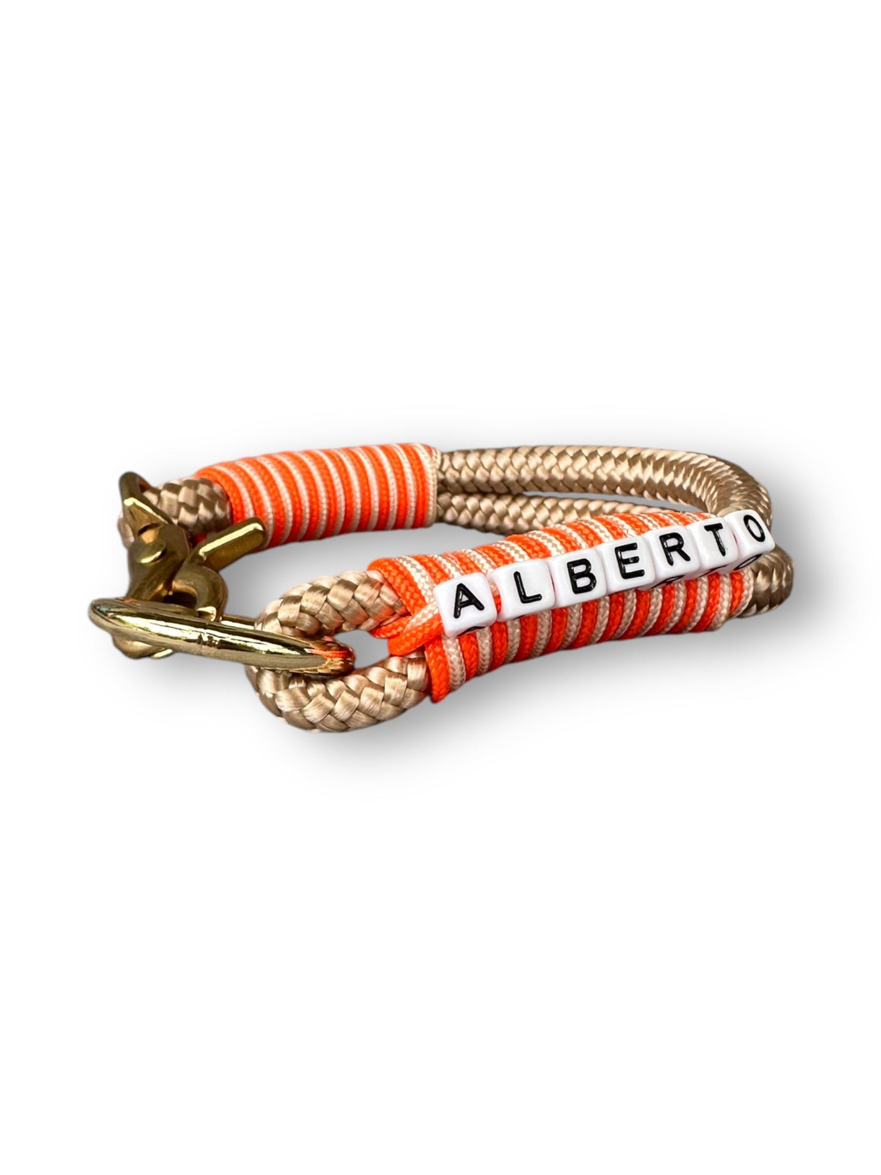 Hundeset bestehend aus Halsband und Leine aus 10mm dickem Tau in der Farbe beige mit orangenen und goldenen Details - Halsband 