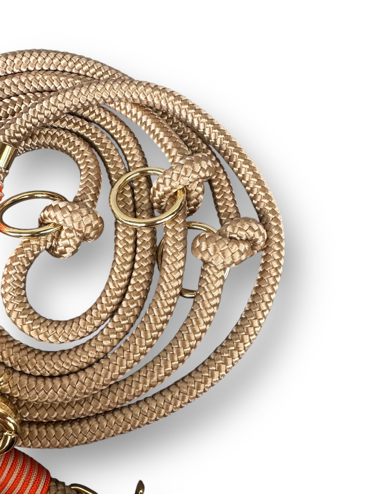 Hundeset bestehend aus Halsband und Leine aus 10mm dickem Tau in der Farbe beige mit orangenen und goldenen Details - Seil