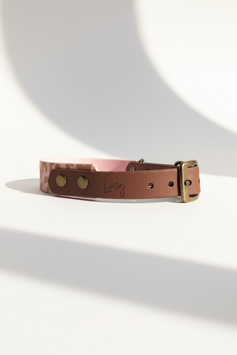 Hundehalsband aus BioThane mit Leo-Print in den Farben Braun und rosa. Namensgravur möglich, Farbe der Beschläge wählbar sowie Art des Verschlusses: Zugstopp oder Schnalle.