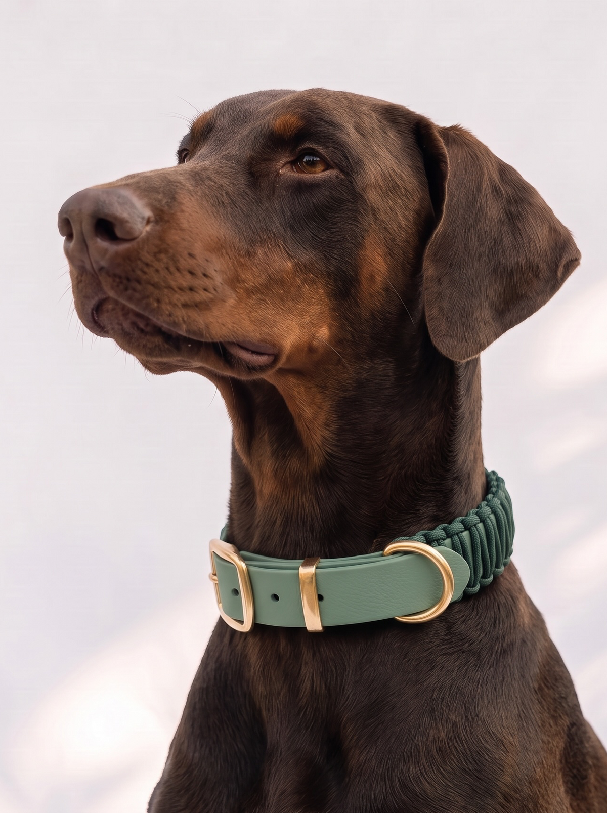 Hundehalsband aus BioThane und Paracord in herbstlichen grün mit goldene details aus messing. BioThane halsband getragen an einem dobermann in braun.