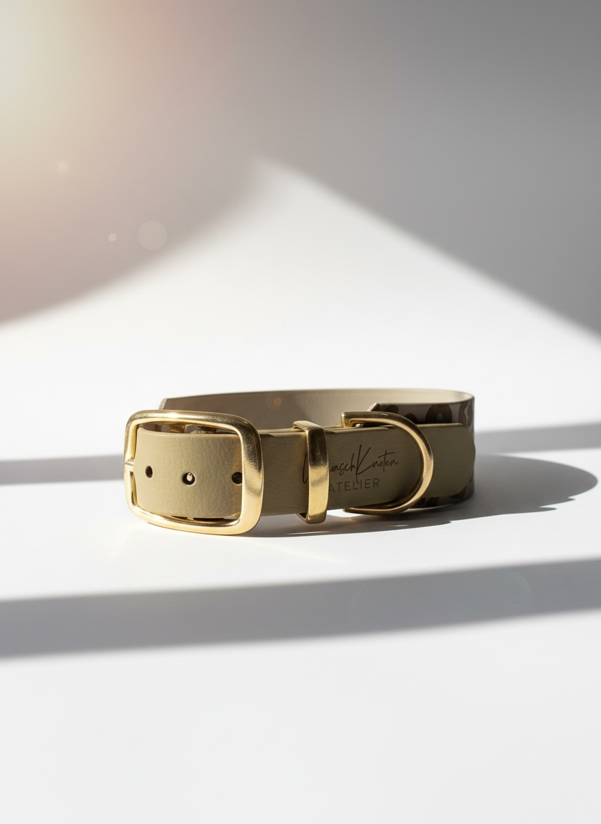Hundehalsband aus BioThane mit leoprint in den Farben Beige und Taupe. Farbe der Beschläge sind wählbar, Namensgravur ist optional. 