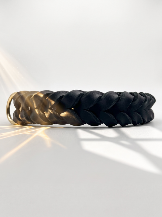 Lederhalsband für Hunde aus schwarzen Fettleder. Geeigent für kleine, mittlere und große Hunde, da es a das Gewicht deines Hundes angepasst wird. Details in Gold, Messing. Rückansicht Halsband 