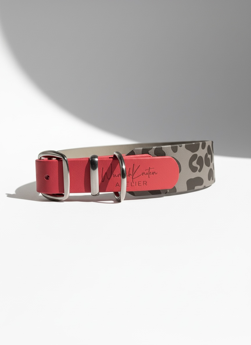 Hundehalsband aus BioThane mit Leo Print in grau und pink. 