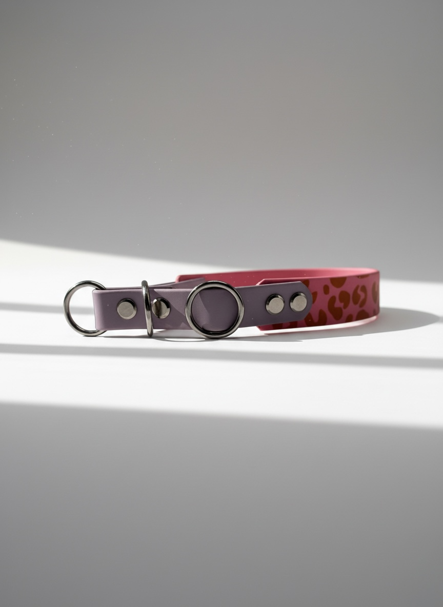 Hundehalsband aus biothane in rosa und lila mit Leopard 