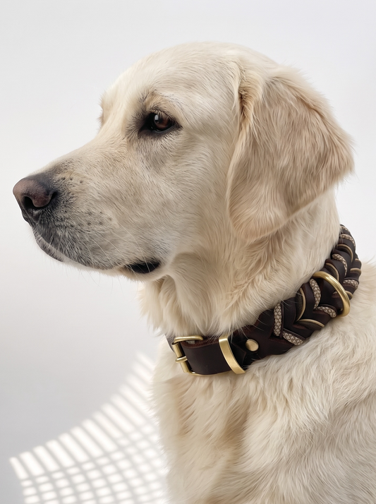 Hundehalsband geflochten in der Farbe Schokobraun mit goldenen Details. Getragen von einem Hund