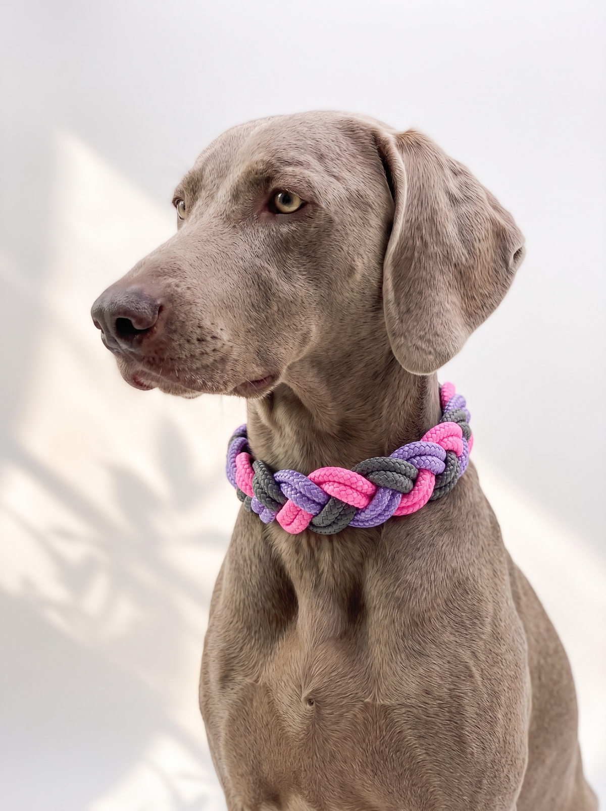 Tau Halsband geflochten in rosa lila und grau Mit verstellbarem Verschluss. Anpassbar für alle Hunde. Handgefertigt und in verschiedenen Breiten erhältlich. Ansicht des Halsbandes getragen an einem Hund 