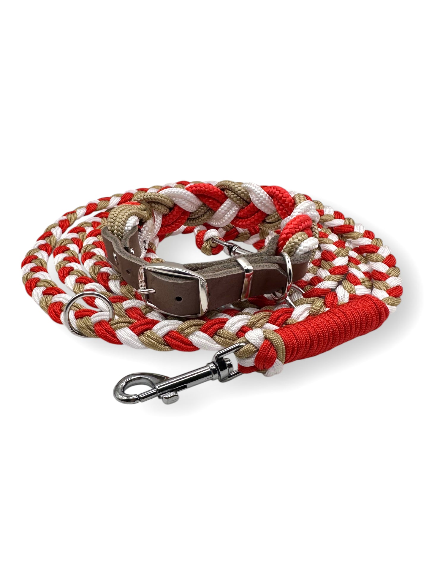 Hundehalsband aus Tau geflochten in den Farben: Poppy Rot, Snow Weiß und Gold. Leder Verschluss zum verstellen.