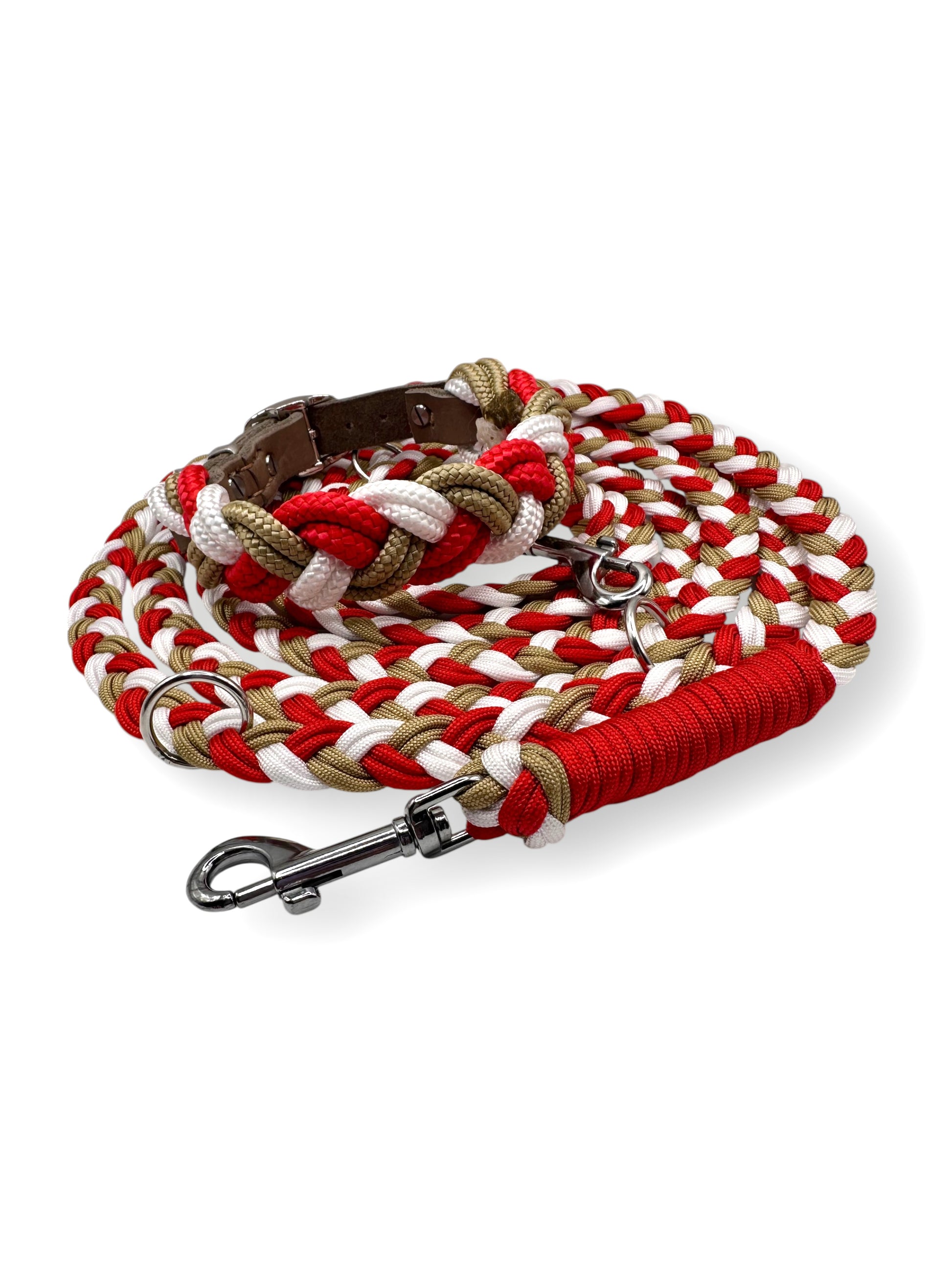 Hundehalsband aus Tau geflochten in den Farben: Poppy Rot, Snow Weiß und Gold. Leder Verschluss zum verstellen.