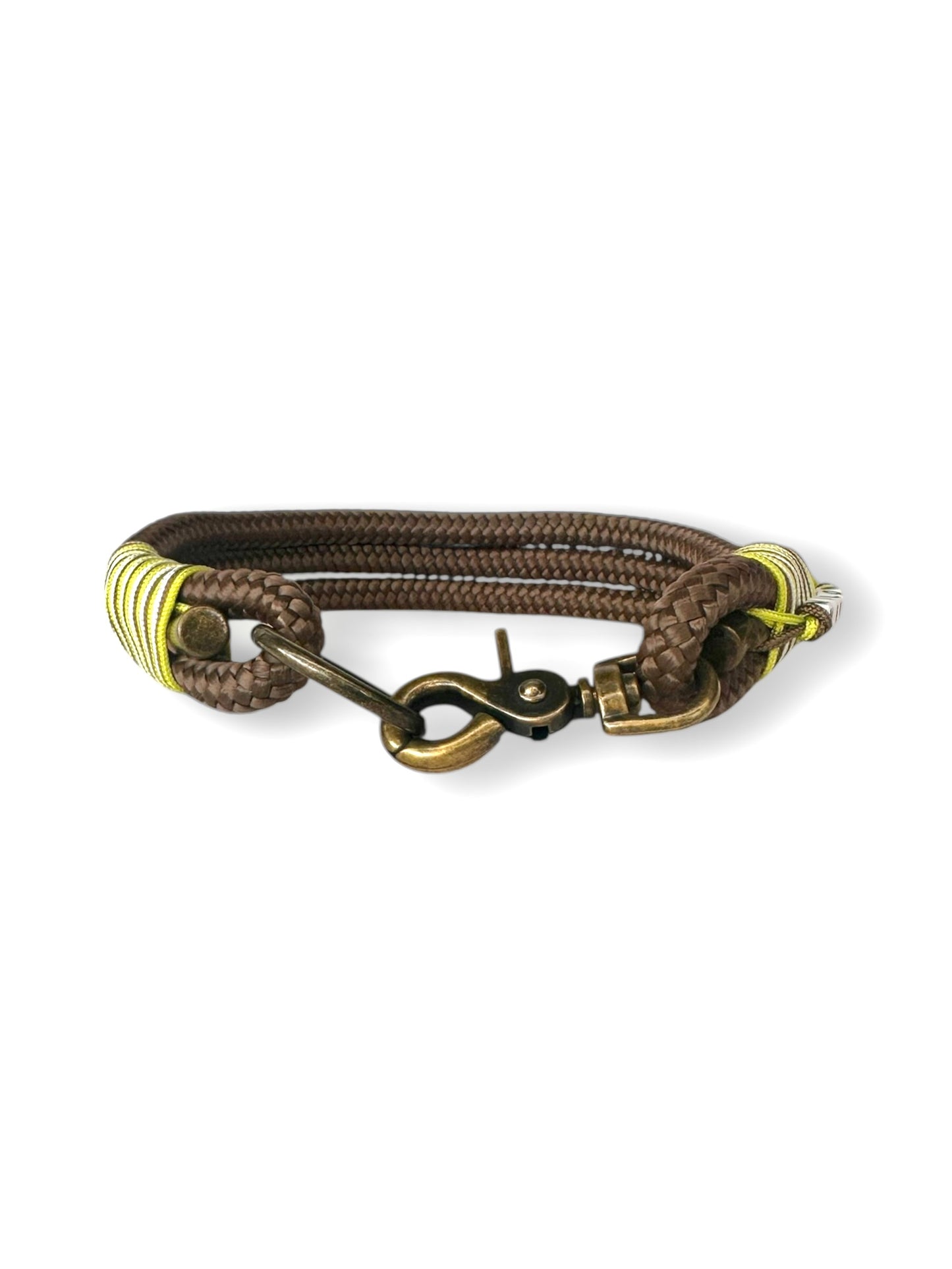 Hundehalsband aus 10mm starkem Tau in der Farbe chocolate braun mit lime grünen und weißen Details - Vorne 