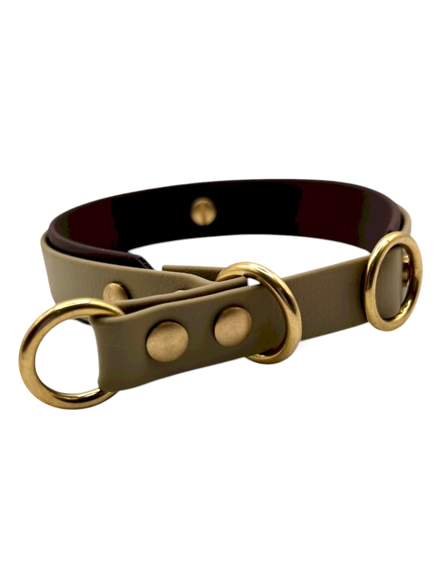 Hundehalsband aus BioThane mit Zugstopp verstellbar in dunkbraun und hellbraun. Herbsthalsband für Hunde mit goldenen Details. Vorne 