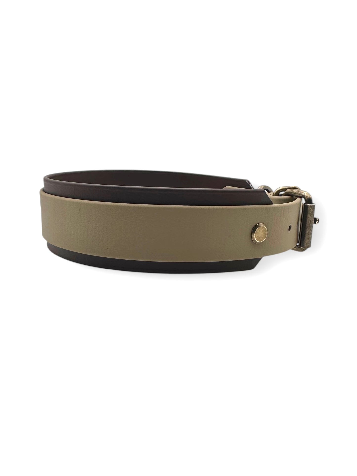 Hundehalsband aus BioThane in beige und dunkelbraun. In verschiedenen Breiten erhältlich, somit passend für jede Hundegröße. Geeignet für jedes Wetter.
