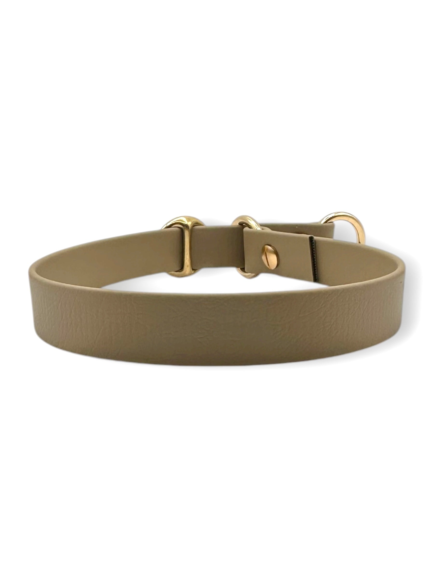 Hundehalsband aus BioThane in braun beige mit Zugstopp Verschluss Und goldenen Details - rückansicht