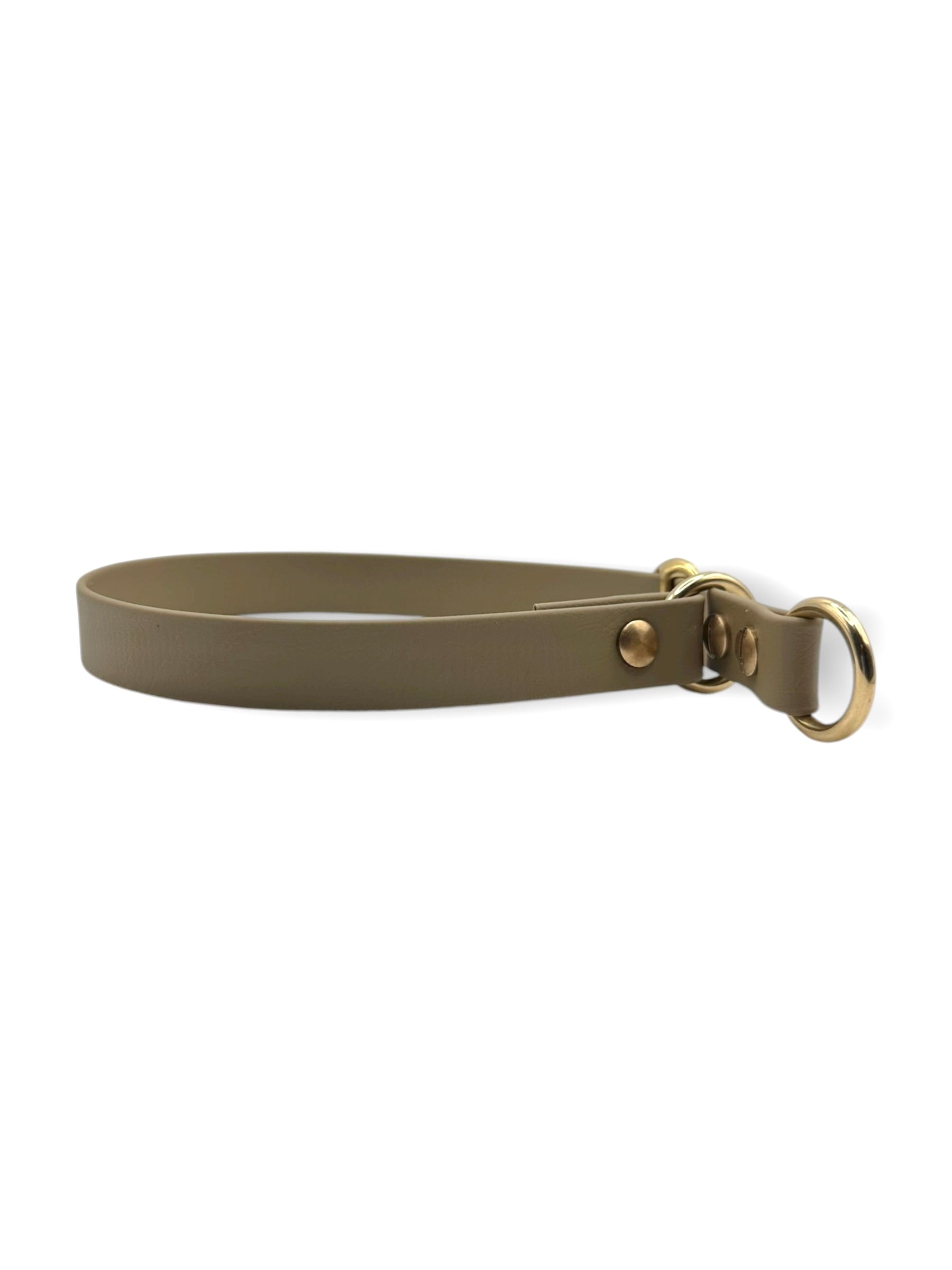 Hundehalsband aus BioThane in braun beige mit Zugstopp Verschluss Und goldenen Details - Seitenansicht 