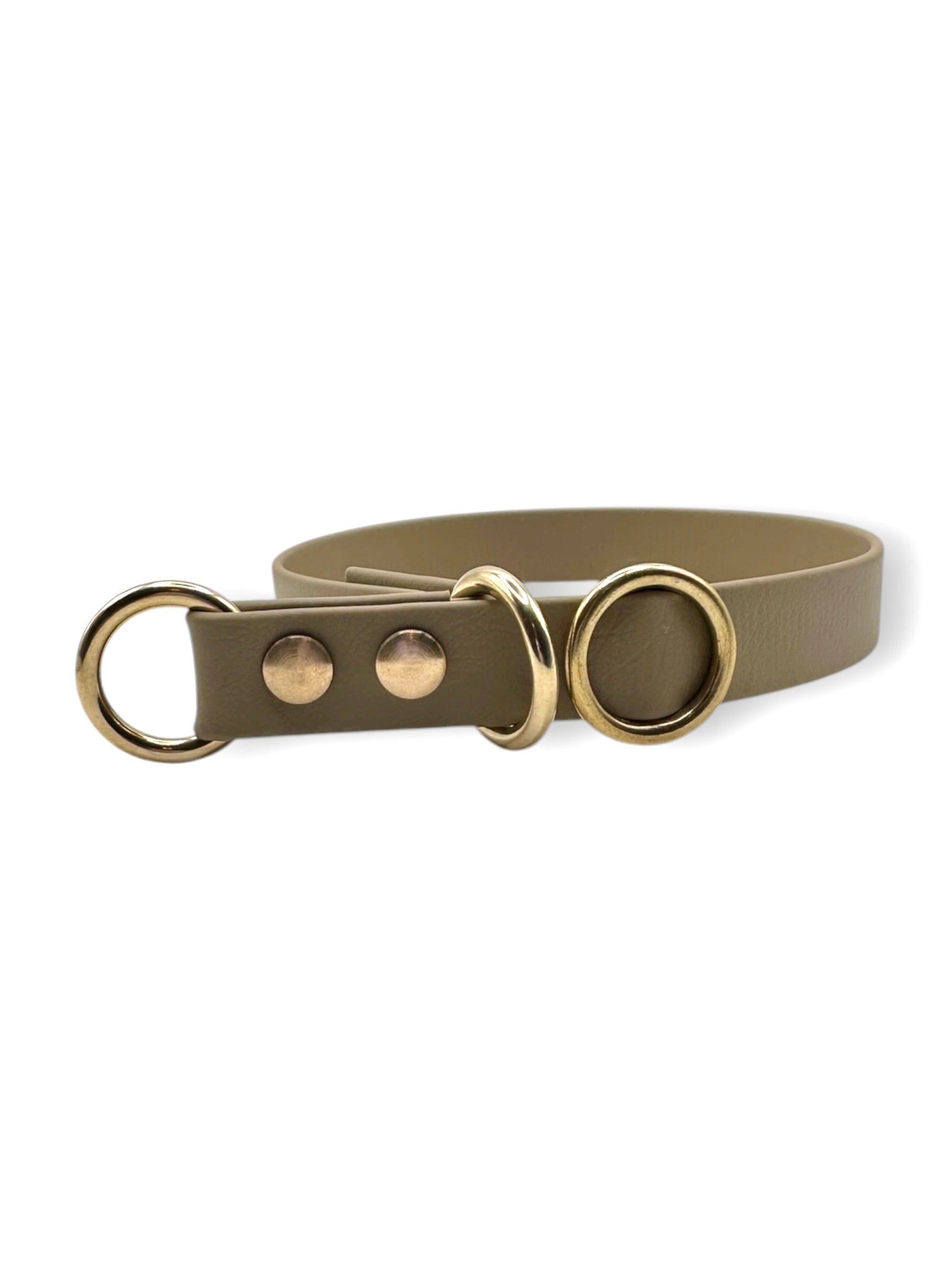 Hundehalsband aus BioThane in braun beige mit Zugstopp Verschluss Und goldenen Details 