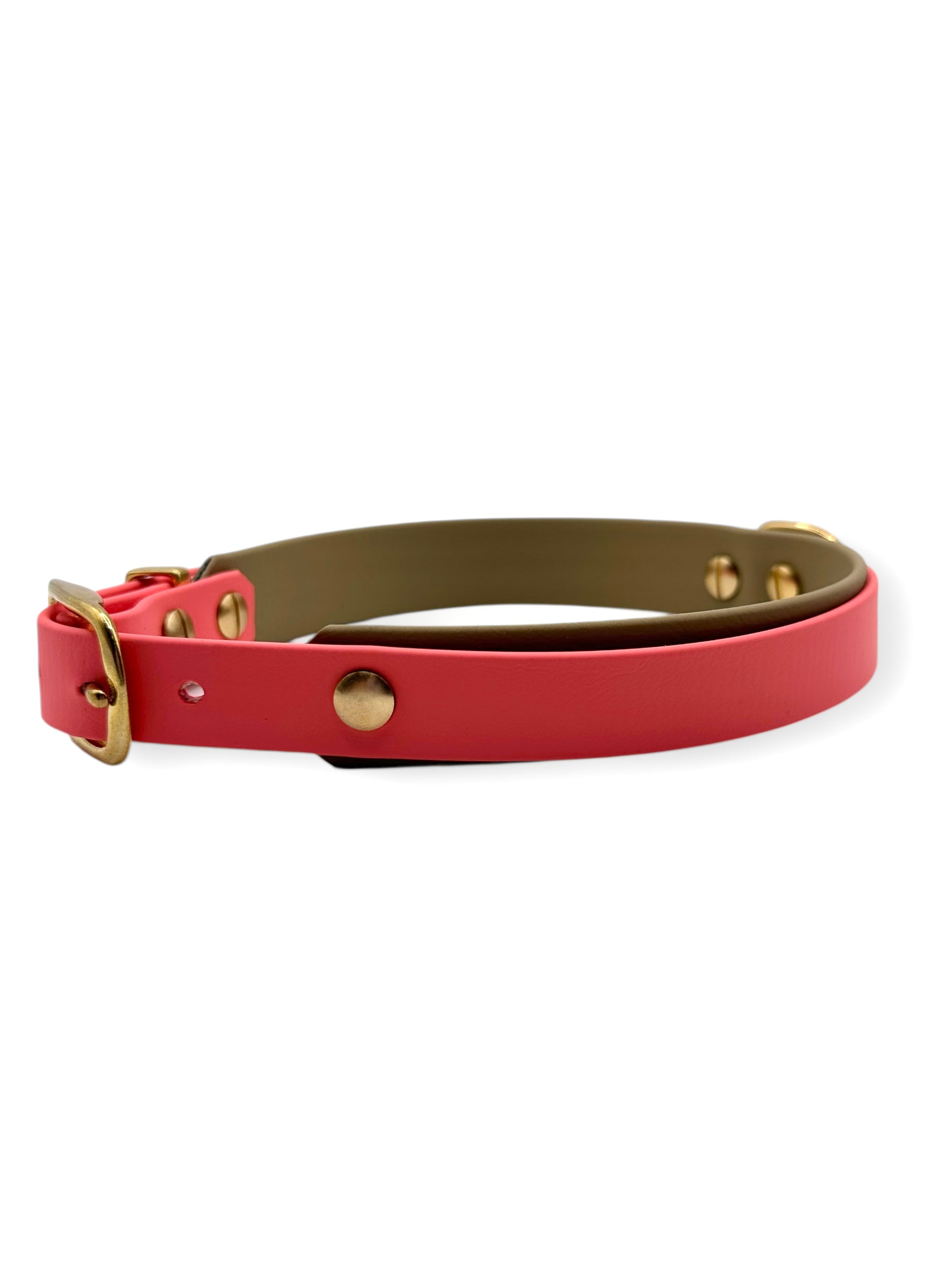 Hundehalsband aus BioThane in den Farben Coral und Beige. Verschiedene Breiten erhältlich, geeignet für kleine, mittlere und große Hunde, da es a das Gewicht deines Hundes angepasst wird. Perfekt für Schlechtwetter Tage.
