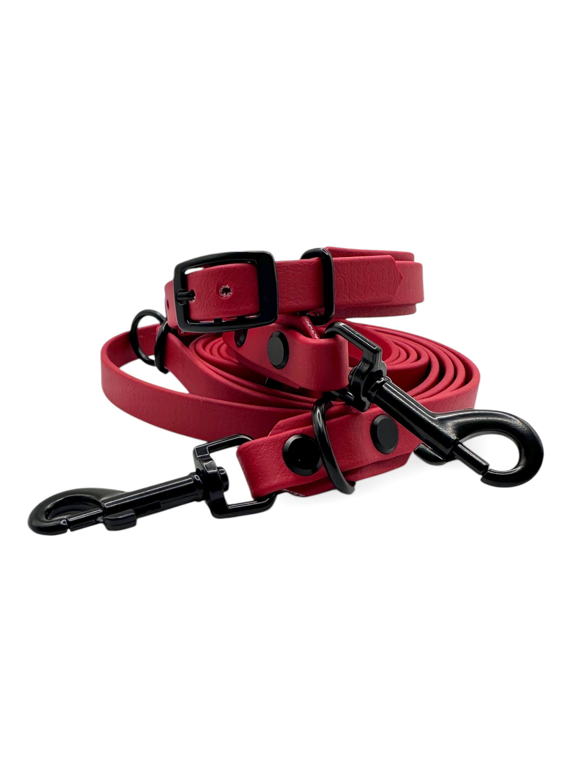 Hunde set bestehend aus Halsband und Leine aus BioThane in rot mit schwarzen Details. Geeignet für kleine, mittlere und große Hunde, da es a das Gewicht deines Hundes angepasst wird. BioThane ist für jedes Wetter geeignet.