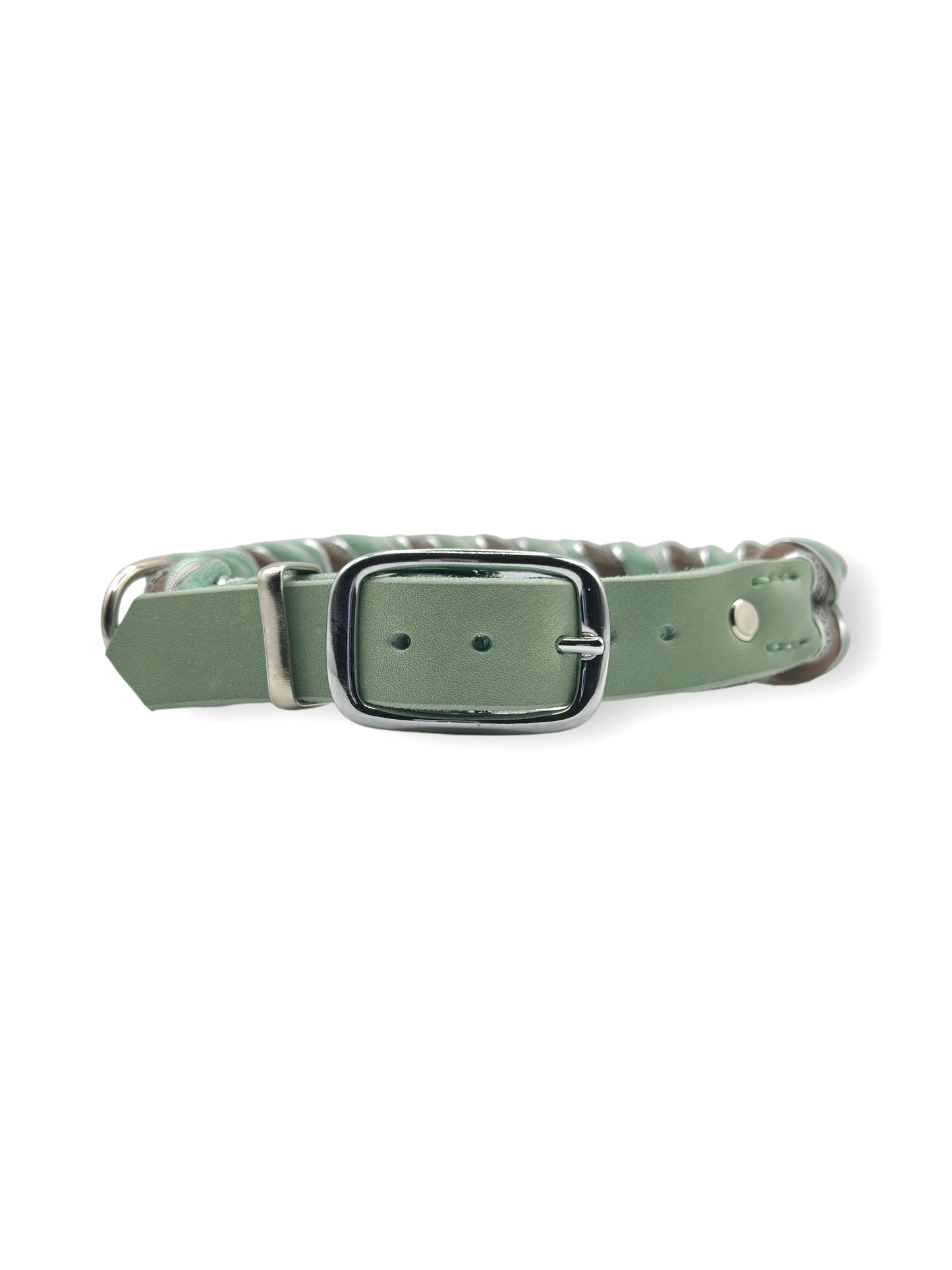 Lederhalsband aus Fettleder in Schlamm und mint. Silberne und grau Details. Geeignet für kleine, mittlere und große Hunde, da es a das Gewicht angepasst wird.