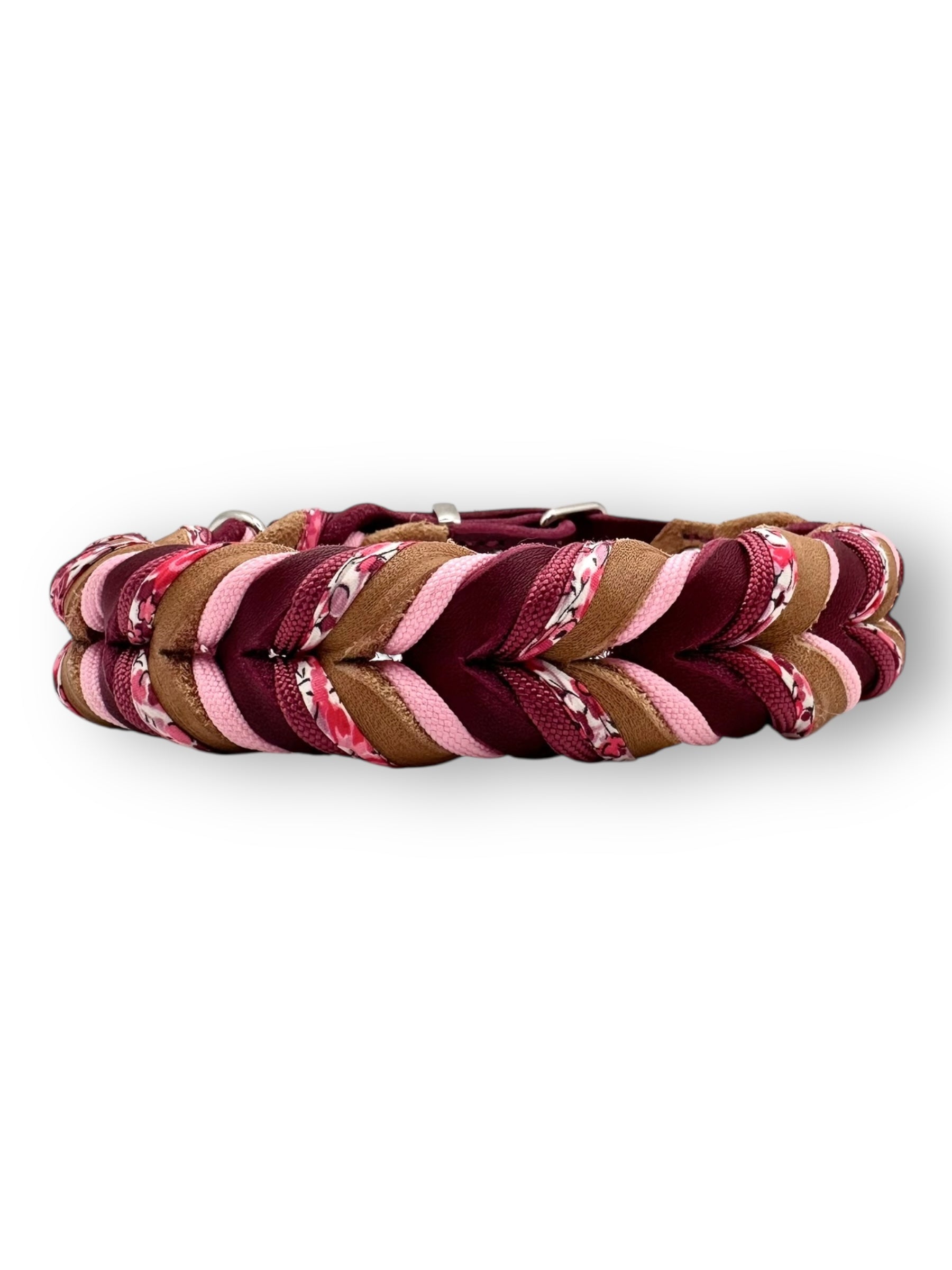 Hundehalsband aus Leder geflochten mit Blumenband In rot und braun und schmuckband verstellbar 