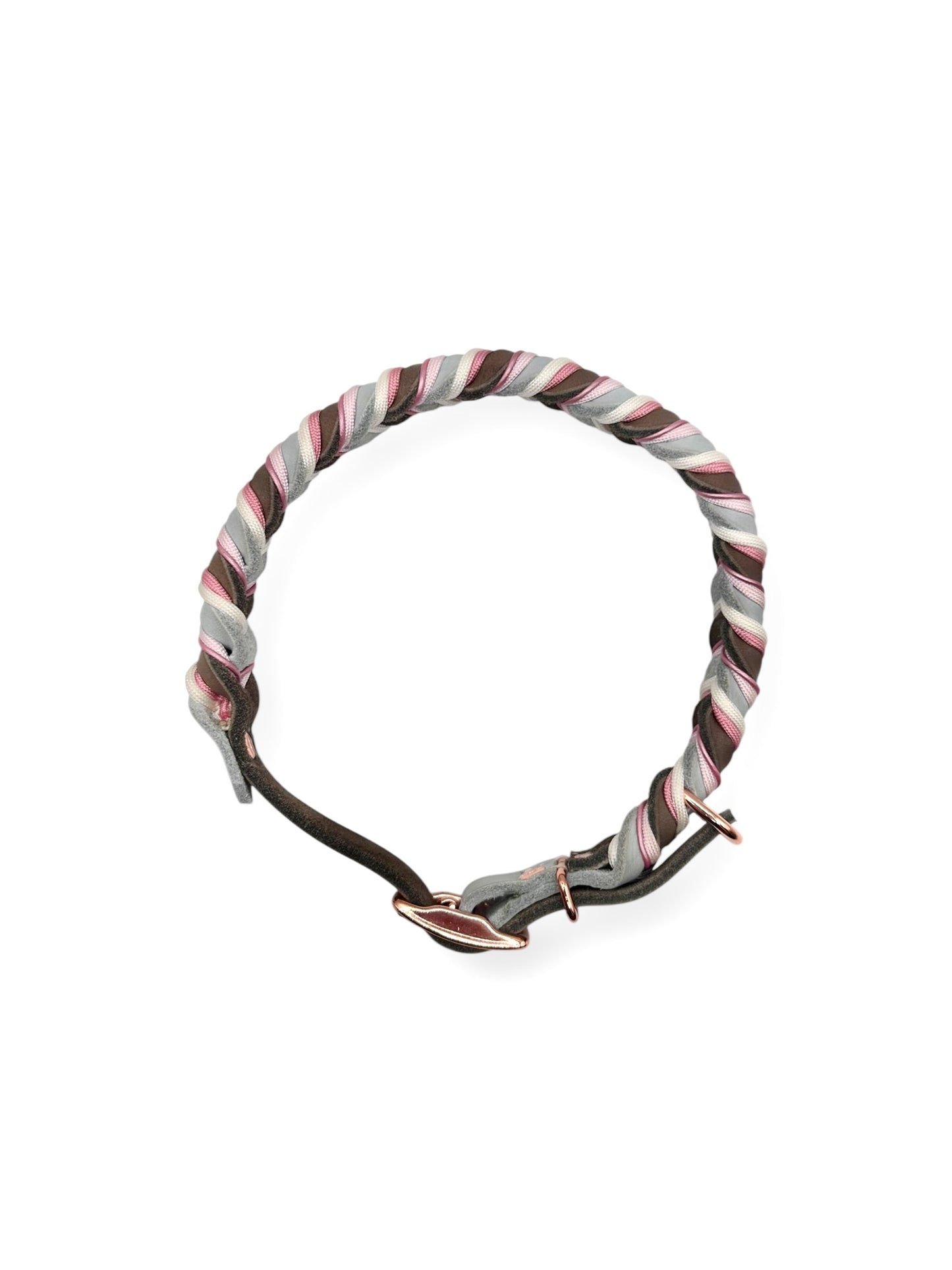 Lederhalsband in den Farben braun, Silber, weiß und rosa