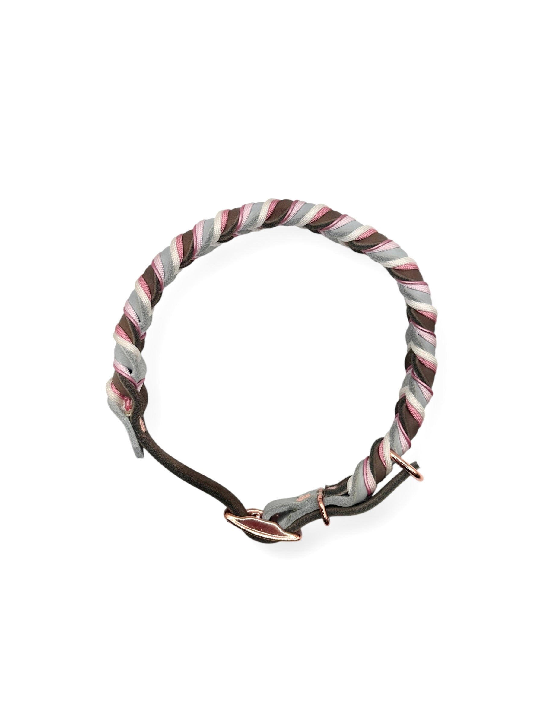 Lederhalsband in den Farben braun, Silber, weiß und rosa
