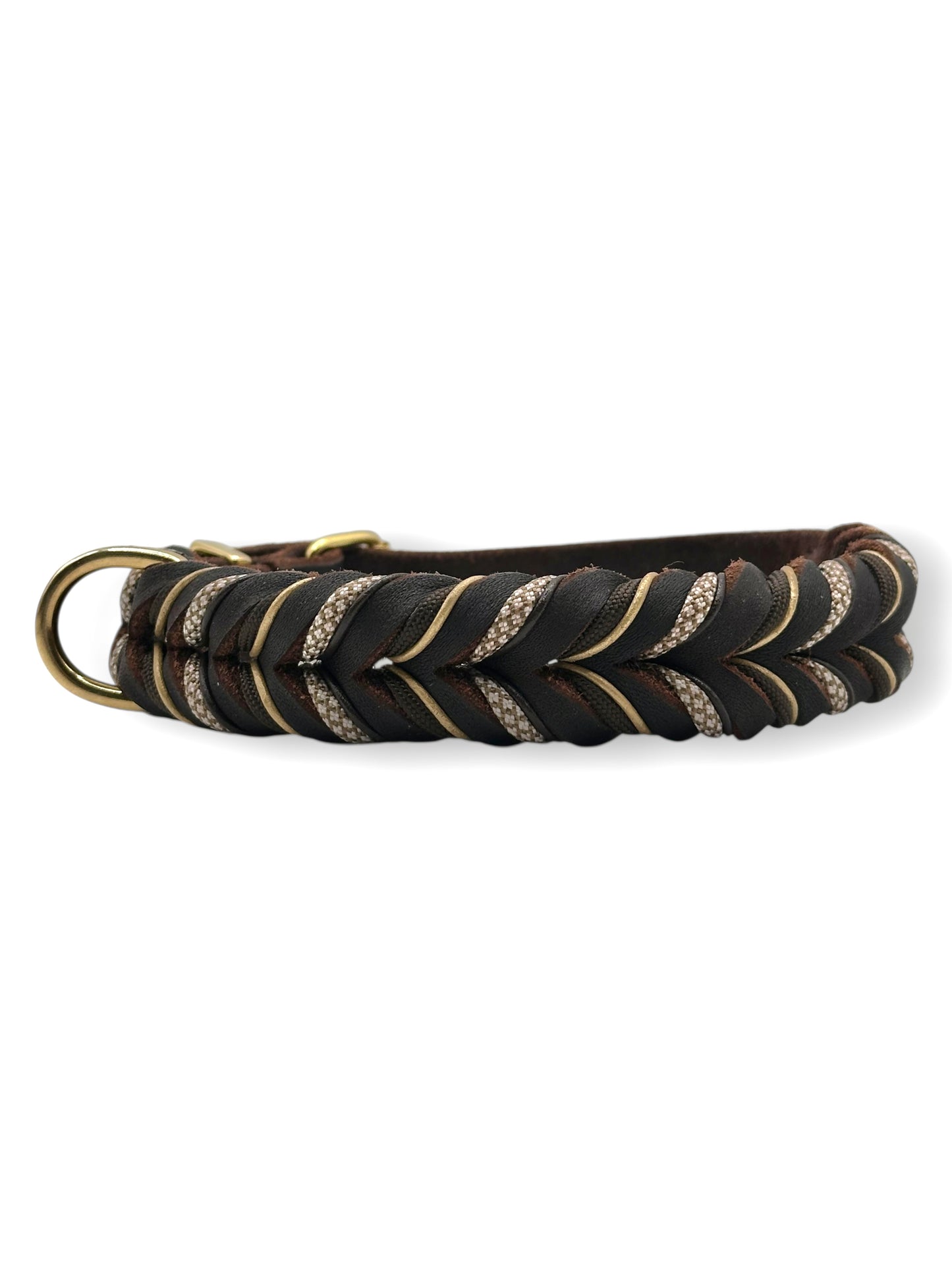 Hundeset bestehend aus Lederhalsband und Tauleine in braun mit beigen und goldenen Details. Anpassbar in Länge und Breite. 