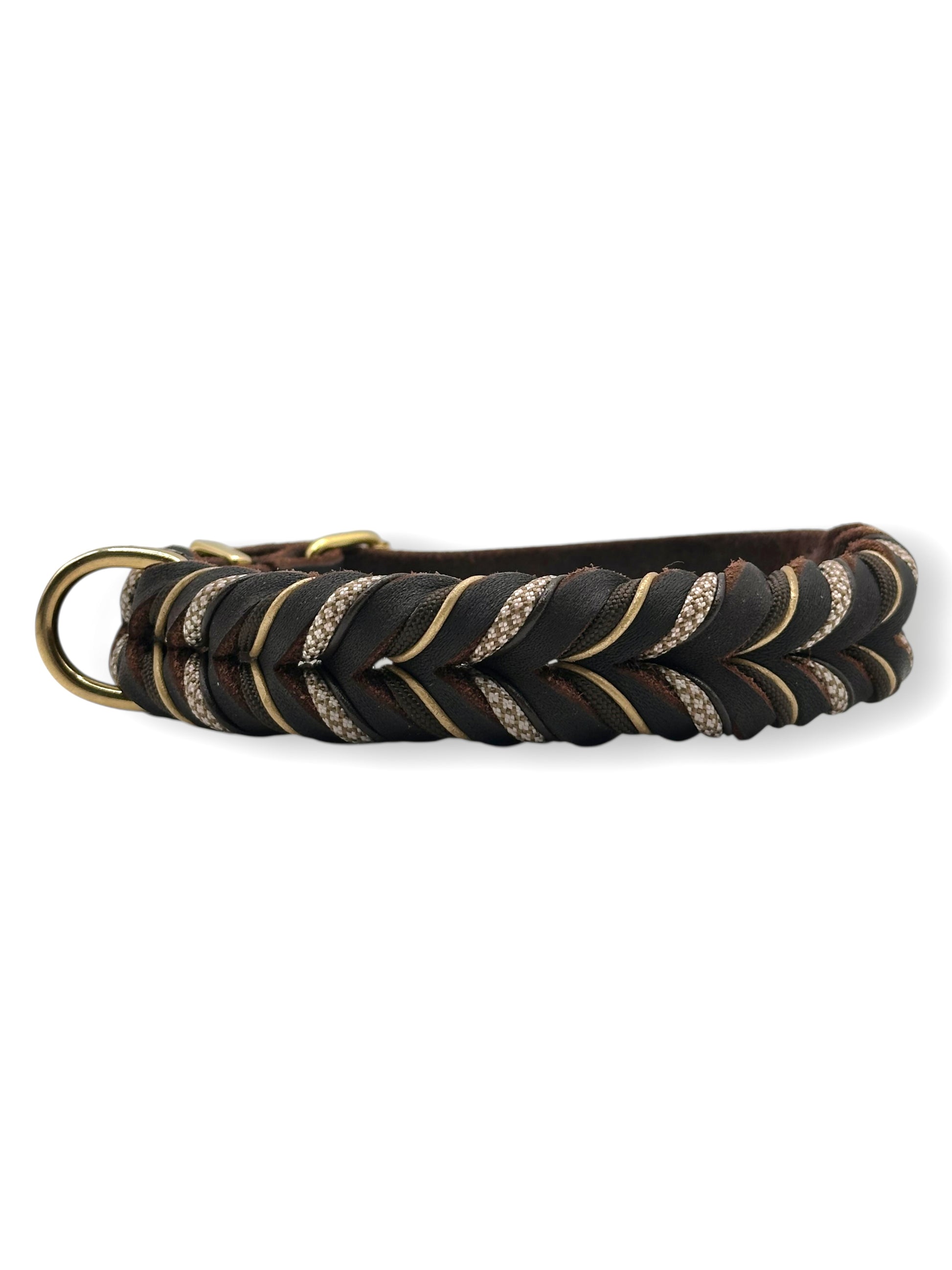 Hundeset bestehend aus Lederhalsband und Tauleine in braun mit beigen und goldenen Details. Anpassbar in Länge und Breite. 