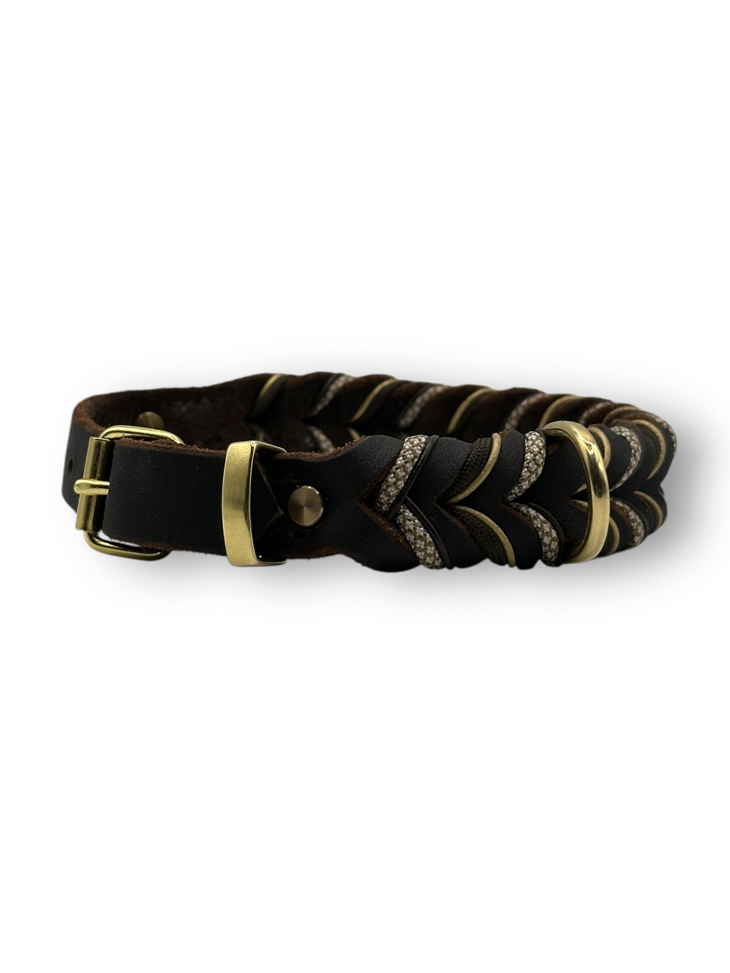 Hundeset bestehend aus Lederhalsband und Tauleine in braun mit beigen und goldenen Details. Anpassbar in Länge und Breite. 
