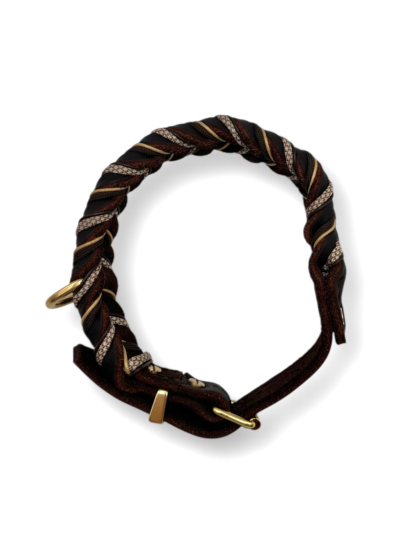 Hundeset bestehend aus Lederhalsband und Tauleine in braun mit beigen und goldenen Details. Anpassbar in Länge und Breite. 