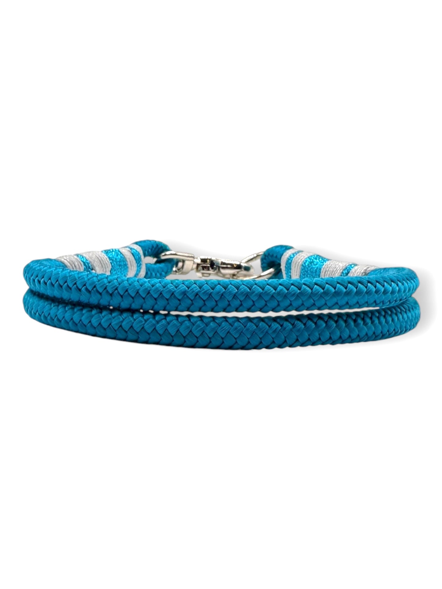 Hundehalsband aus Tau in blau mit Glitzer und silbernen Details. 10mm PPM Seil Aqua. Hinten 