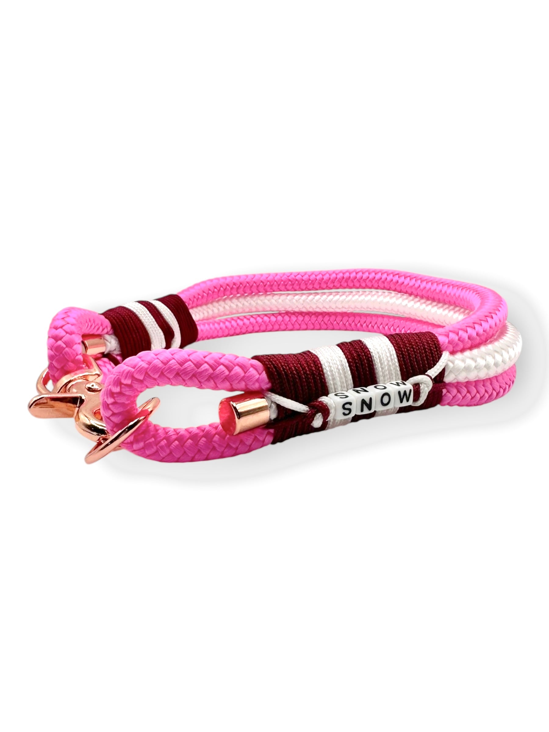 Hundehalsband aus Tau in Neon rosa, weiß und burgundy rot mit rosé goldenen Karabiner und Ring