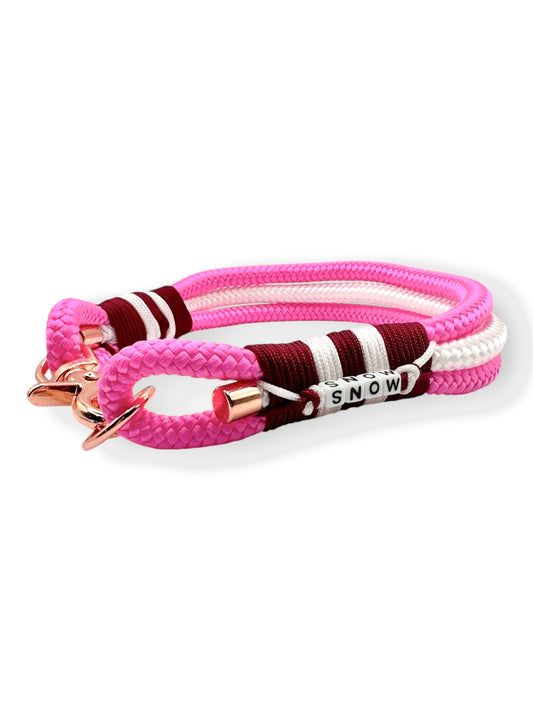Hundehalsband aus Tau in Neon rosa, weiß und burgundy rot mit rosé goldenen Karabiner und Ring