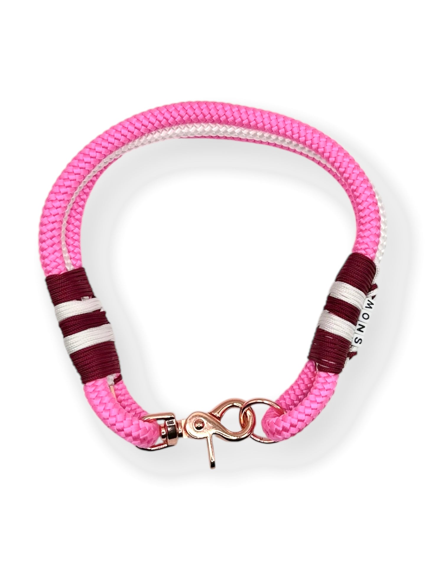 Hundehalsband aus Tau in Neon rosa, weiß und burgundy rot mit rosé goldenen Karabiner und Ring - Draufsicht