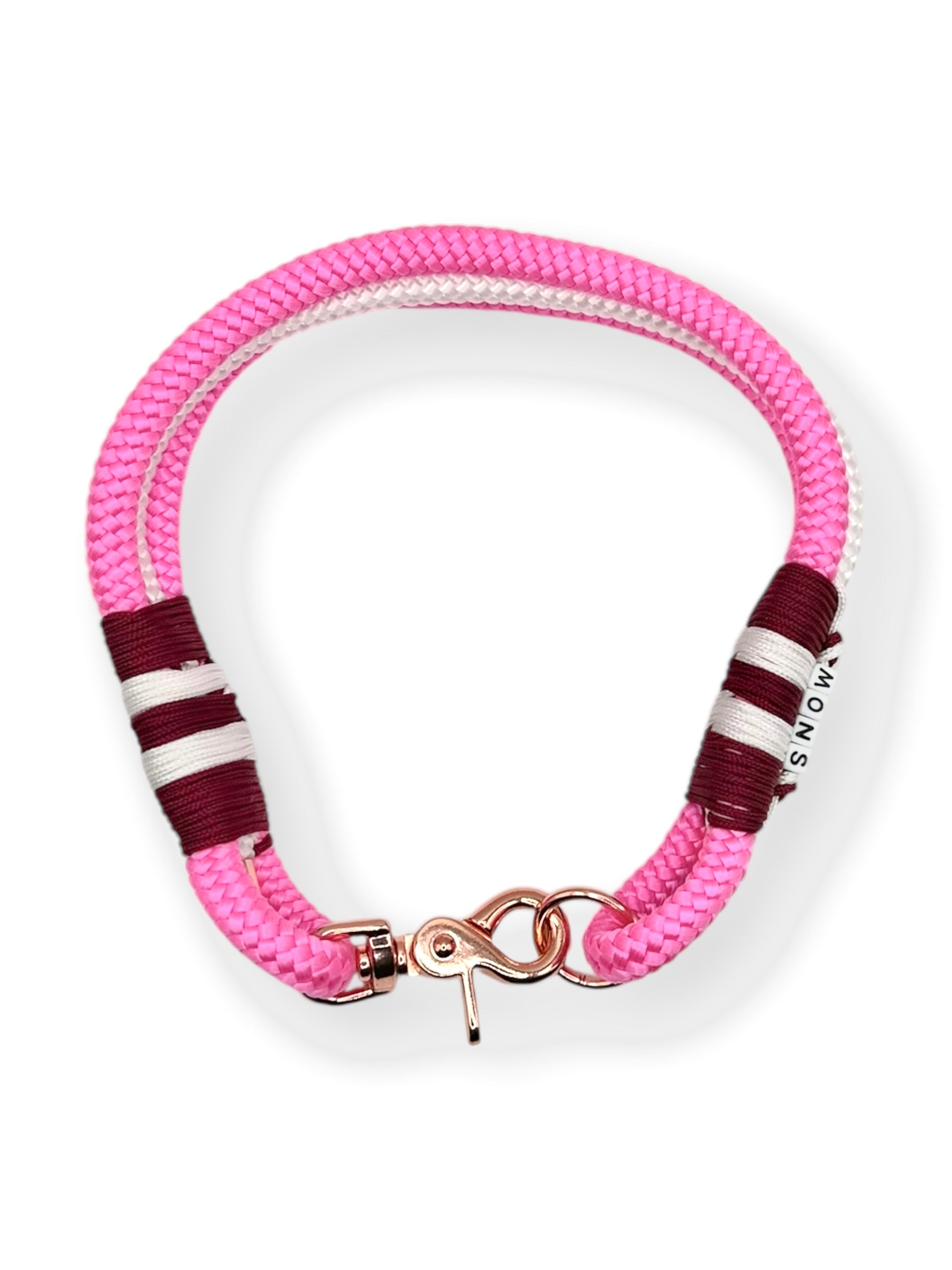 Hundehalsband aus Tau in Neon rosa, weiß und burgundy rot mit rosé goldenen Karabiner und Ring - Draufsicht