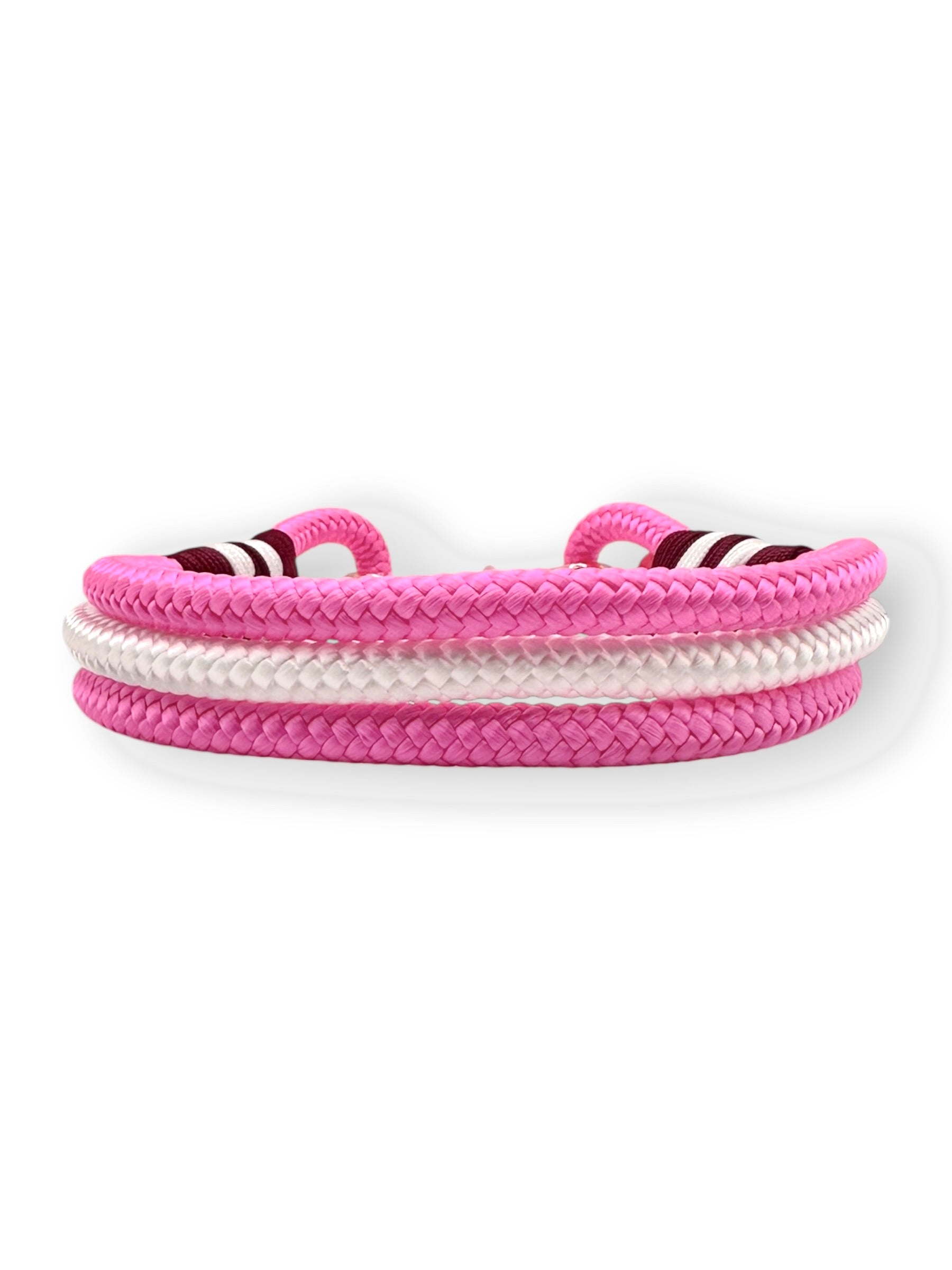 Hundehalsband aus Tau in Neon rosa, weiß und burgundy rot mit rosé goldenen Karabiner und Ring - Rückansicht